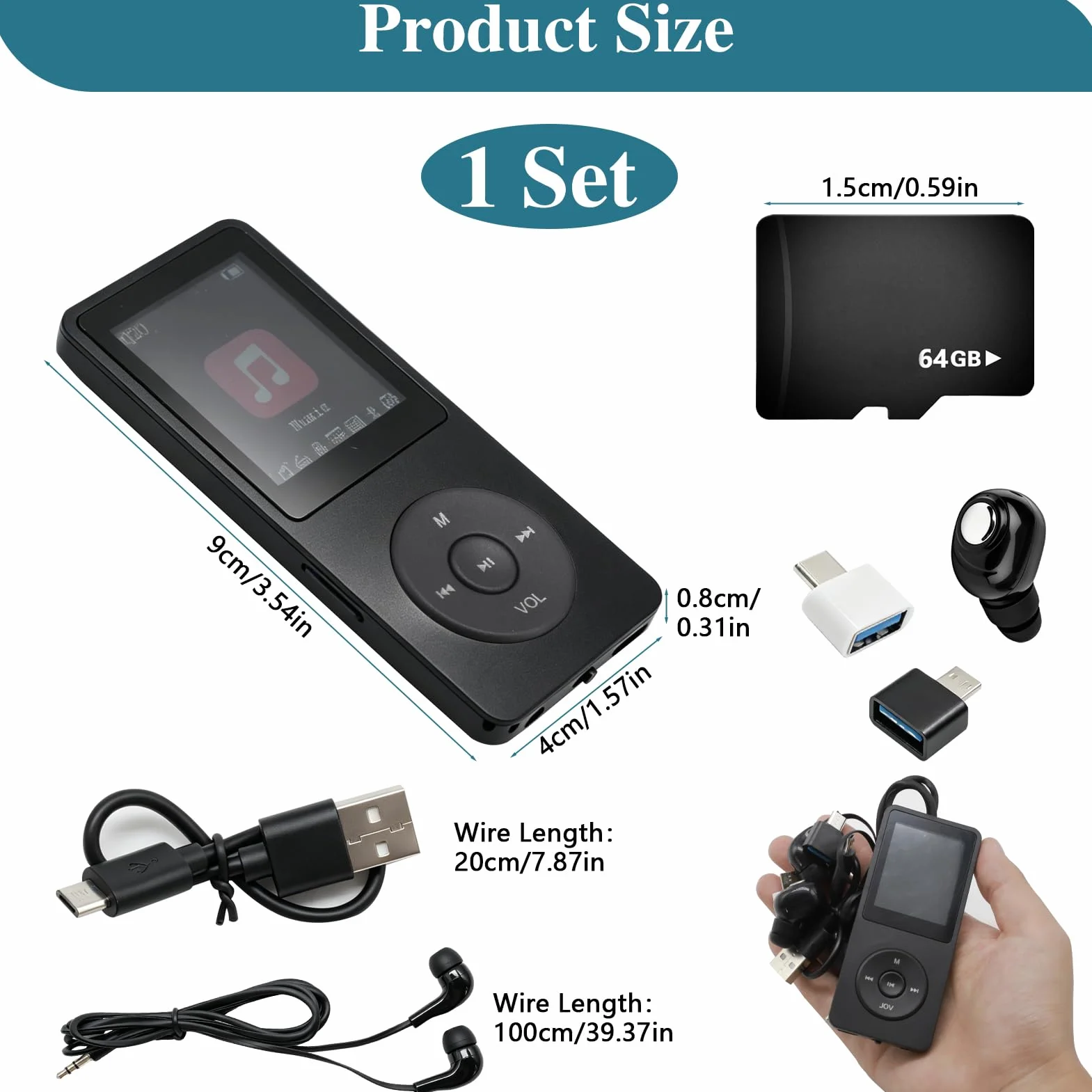 Lettore MP3 Bluetooth 5.3 con 64 GB di memoria, lettore musicale portatile con altoparlante, lettore MP3 HiFi per bambini e adulti, autonomia 70 ore, radio FM, display da 1,8 pollici, scheda TF fino a