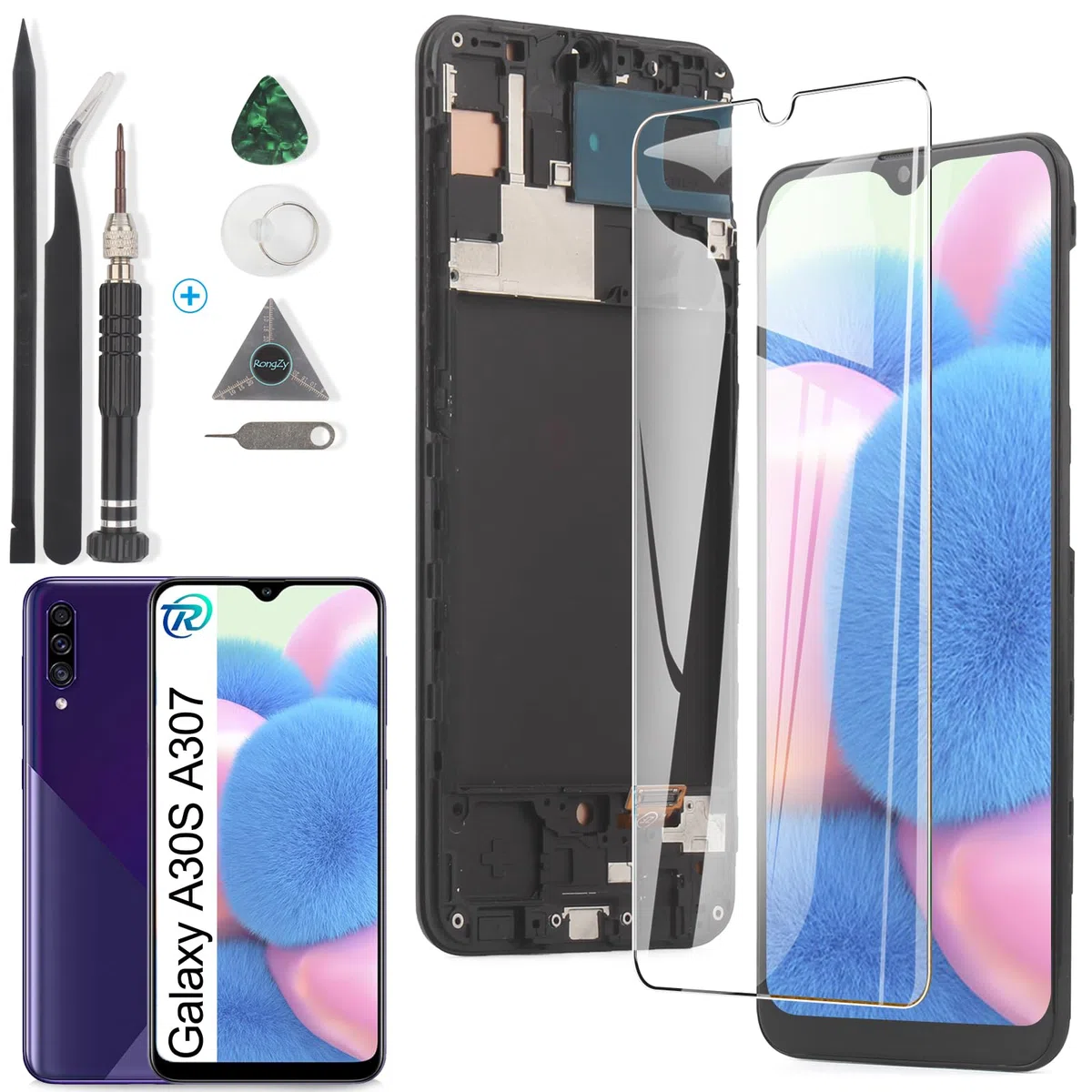 RongZy LCD Display per 6.4" Samsung Galaxy A30s A307F Schermo LCD Touch Screen Assemblea Sostituzione di Vetro Digitalizzatore con Strumenti(Nero con Cornice)