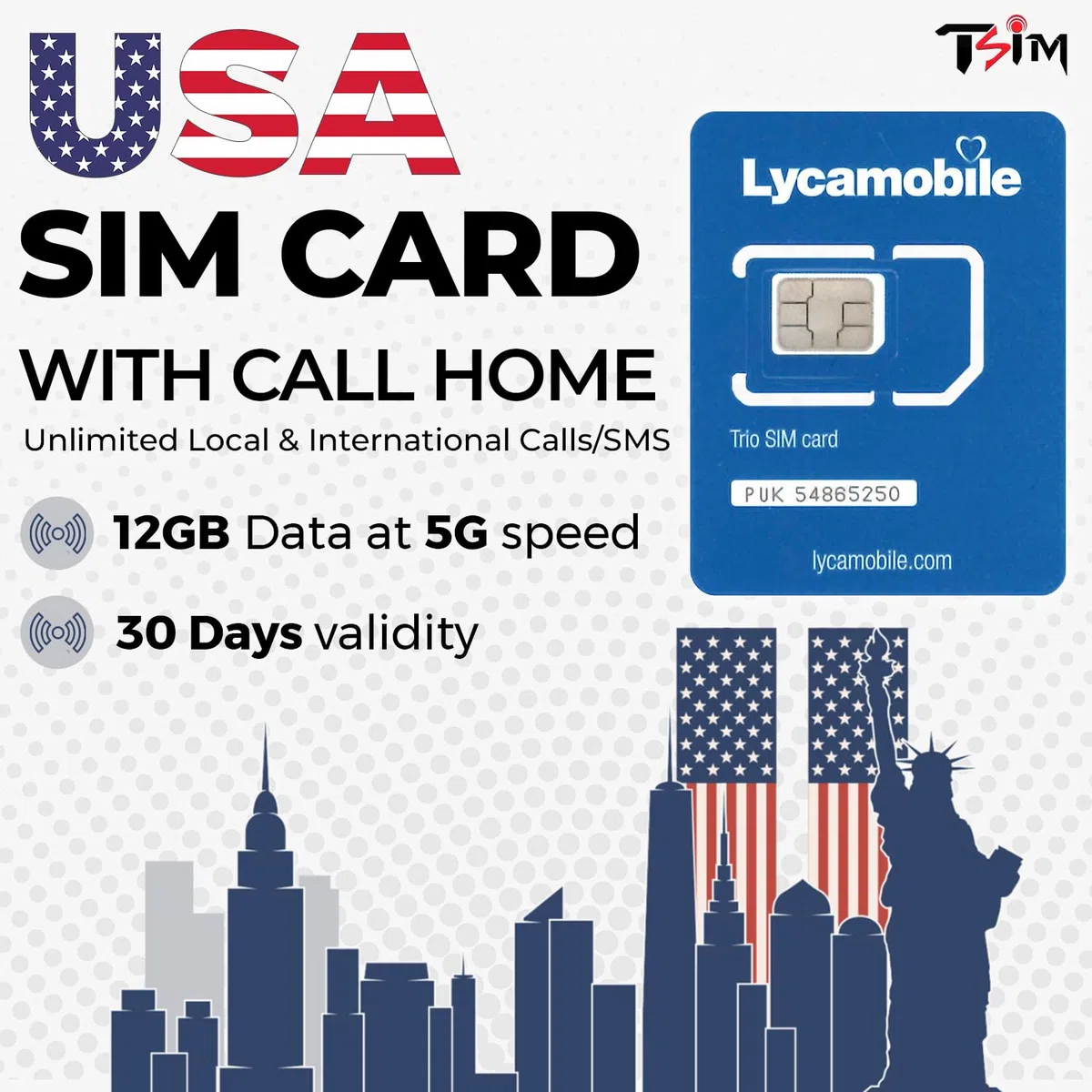 Carta SIM USA per viaggiare negli Stati Uniti. Chiamate/SMS locali e internazionali illimitati. Chiamate verso casa gratuite! Piano aggiornato 5G con hotspot/tethering! (12GB x 1 mese)