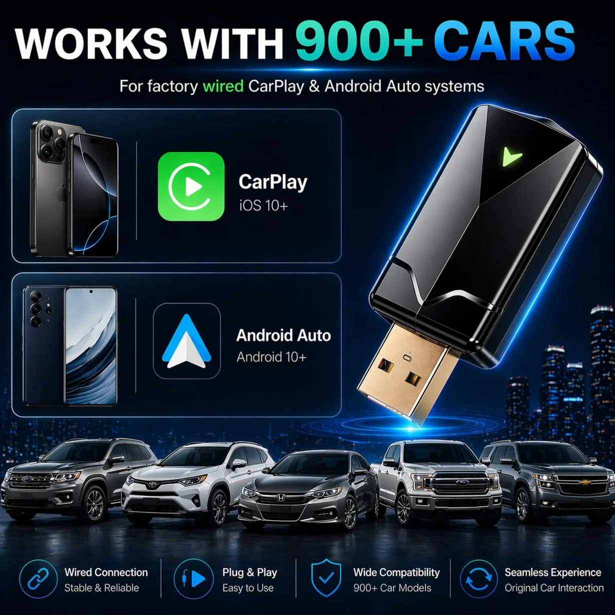 Adattatore CarPlay Wireless – Adattatore Android Auto Wireless, Wi-Fi 5,8GHz Plug & Play, Mini e Stabile, iOS 10+/Android 10+, Connessione Automatica Rapida per Auto dal 2016 in poi (1Pezzi)
