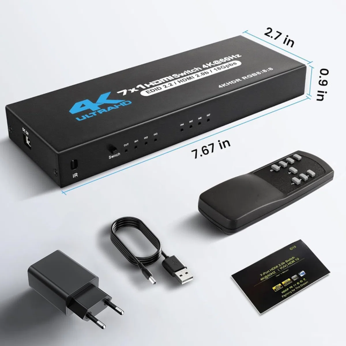 Switch HDMI 7 in 1-out, 4 K, 60 Hz, 7 x 1 HDMI, con telecomando, cavo di alimentazione, 7 connettori multipli, switch automatico, supporta HDMI2.0/HDR10 per switch, Xbox, PS4, HDTV, TV Stick, Blu-Ray