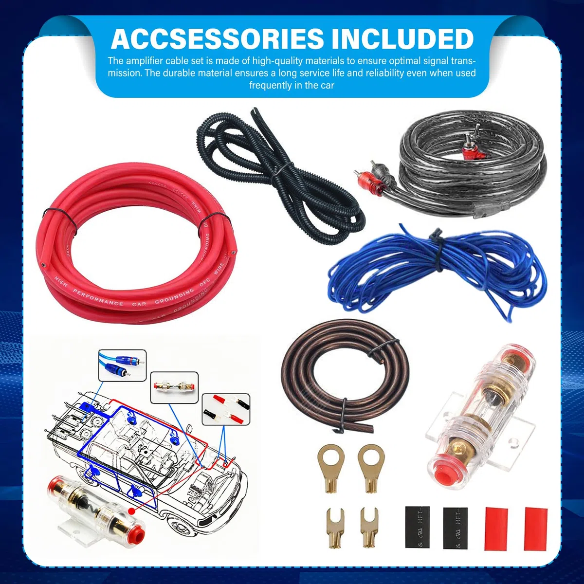 PORFOYO 4GA, set di cavi amplificatori per auto, 5 metri, set di cavi per amplificazione di uscita, cavo per subwoofer, cavo audio per auto con cavo RCA, portafusibili, capicorda forcella per