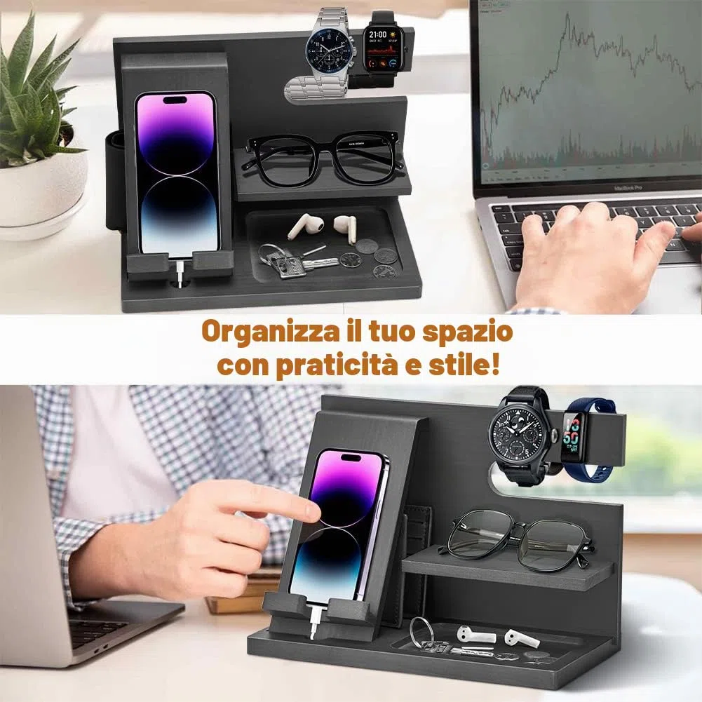 Docking station per telefono in legno, idea regalo per uomo, organizer da scrivania o comodino, regalo di compleanno per marito, festa del papà per papà, idea di anniversario da parte della moglie