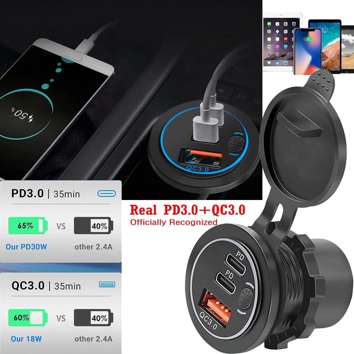 Presa USB 12V, 75W, PD e QC3.0 per Moto, Presa USB Impermeabile da Incasso 12-24V con Interruttore e Luce LED Blu, per Auto, Barche, Camion, Roulotte, Motociclette (2 Pezzi)