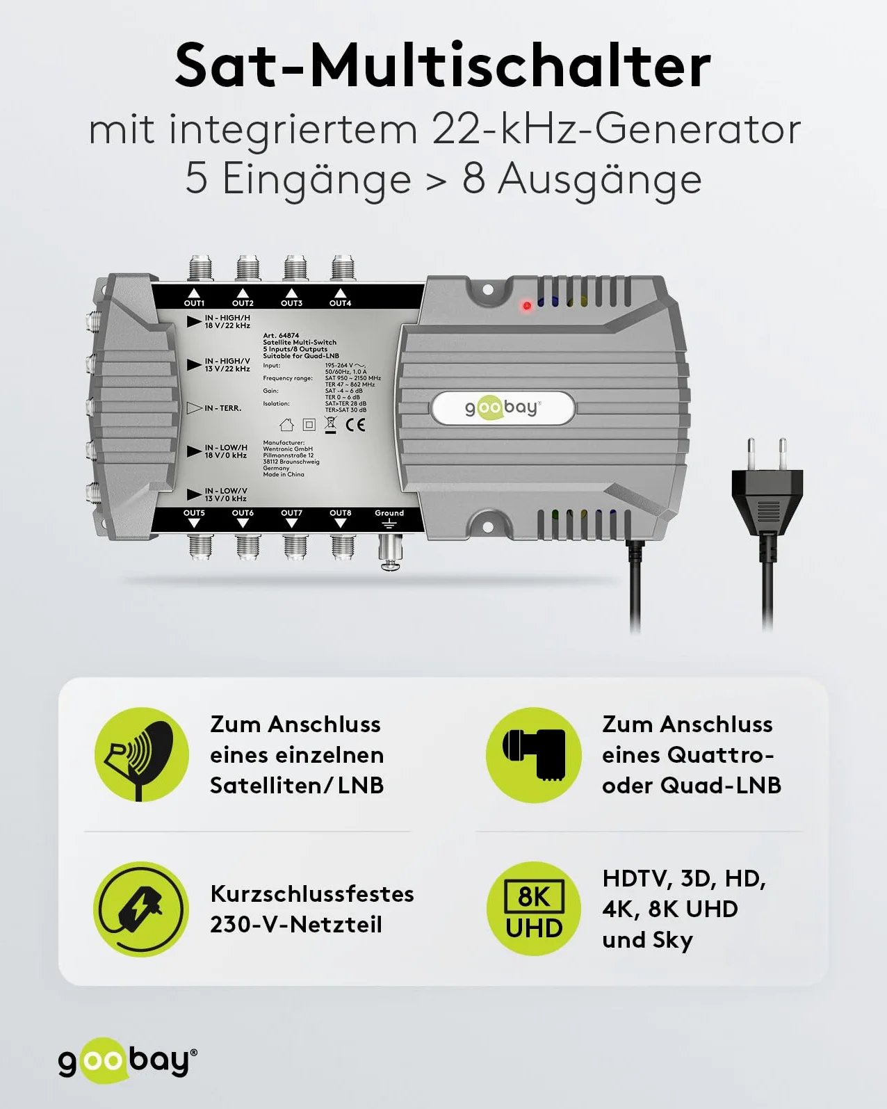 goobay 64874 Interruttore multiswitch satellitare compatto, 5 ingressi, 8 uscite, 4 K, 8 K UHD/DAB+, per 8 partecipanti