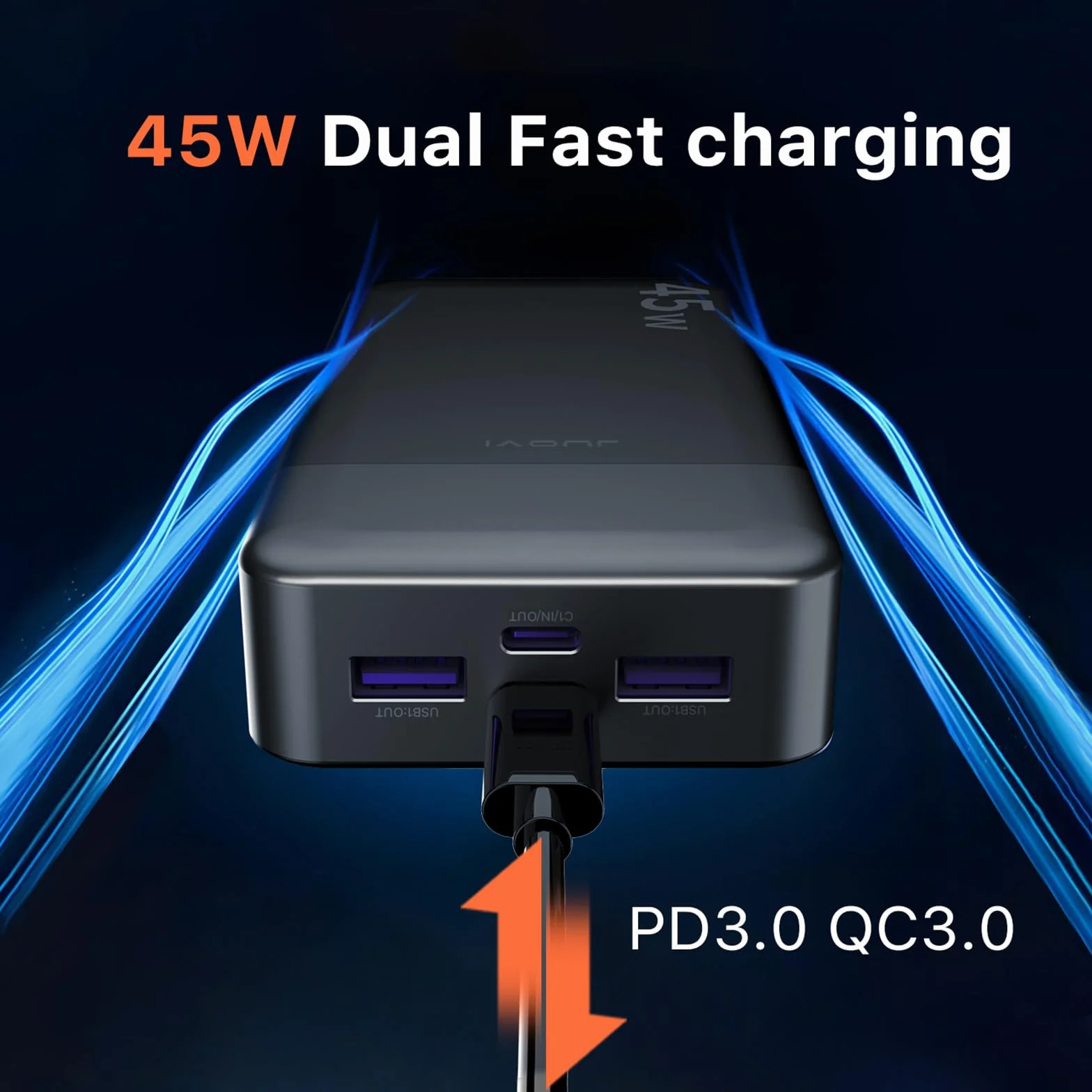 JUOVI Power Bank 20000mAh, 45W Caricatore Portatile Ricarica Rapida, Batteria Esterna 4 Porte, Caricabatterie Portatile per MacBook, Samsung, Dell, HP, Tablet, iPhone 16 15 14 13 e Altro (Nero)