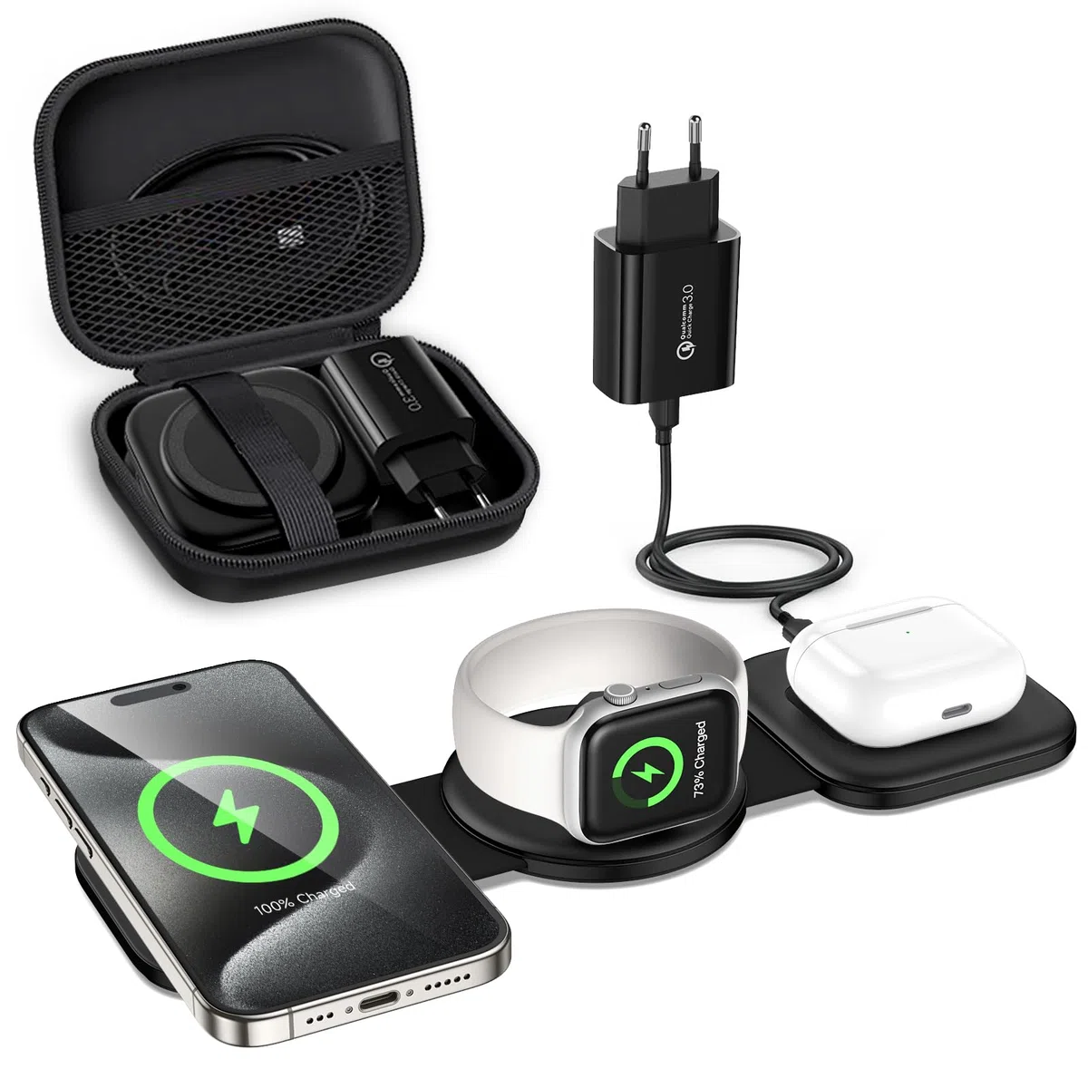 seacosmo Caricatore Wireless 3 in 1, Magnetico Pieghevole Caricabatterie Senza Fili Ricarica Compatibile con iPhone 15/14/13/12/Pro/Max/Plus, Stazione di Ricarica per Apple Watch S9/8/7/6/5/4, AirPods
