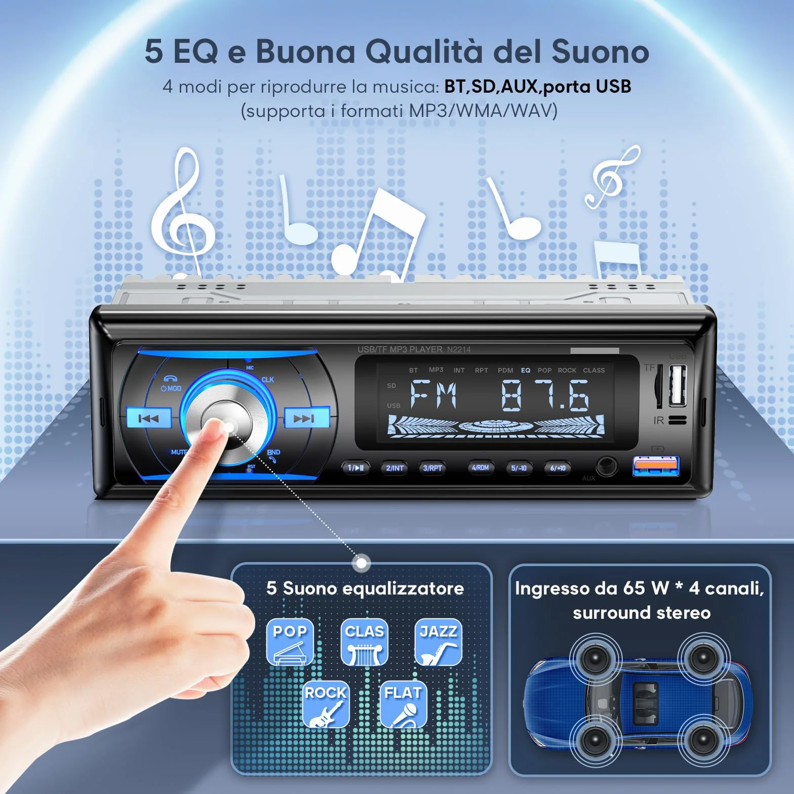 RDS Autoradio Bluetooth 5.0 con Vivavoce, Wistrue Stereo Auto Bluetooth con 2 USB/AUX/SD,Autoradio 1 DIN Supporta Lettore MP3/WMA/WAV, Compatibile con iOS e Android