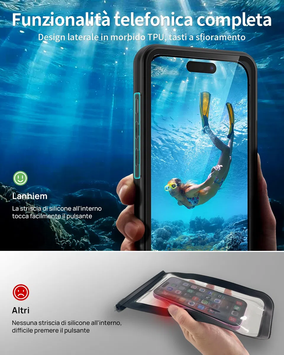 Lanhiem Custodia Impermeabile per iPhone 17/16 16 Pro/15 15 Pro/14 14 Pro/13 13 Pro, 30M/IPX8 Waterproof Cover Subacquea, Touch Screen e Pulsanti Subacquei Solo per iPhone 13 a 16 (6.1"-6.3")