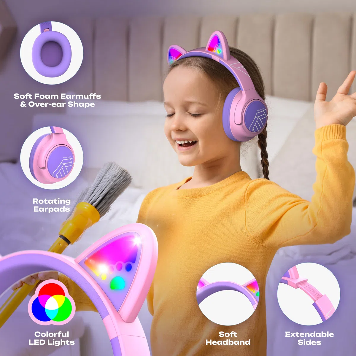 PowerLocus Cuffie Bluetooth per Bambini, Cuffie Wireless per Ragazzi, 74/85/94dB Limite di Volume, Luci a LED, Cuffie Over Ear Pieghevole Senza Fili con Microfono per iPad/Viaggio/Tablet/PC (Viola)