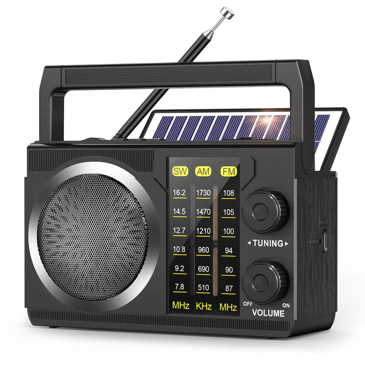 PRUNUS J-135S Radio Portatile AM/FM/SW, Mini Radio Solare Bluetooth 6.0, Radiolina a Pile (AA) e Batteria Ricaricabile 1800 mAh con Torcia, Supporta TF/USB, per Casa, Campeggio e Emergenza.
