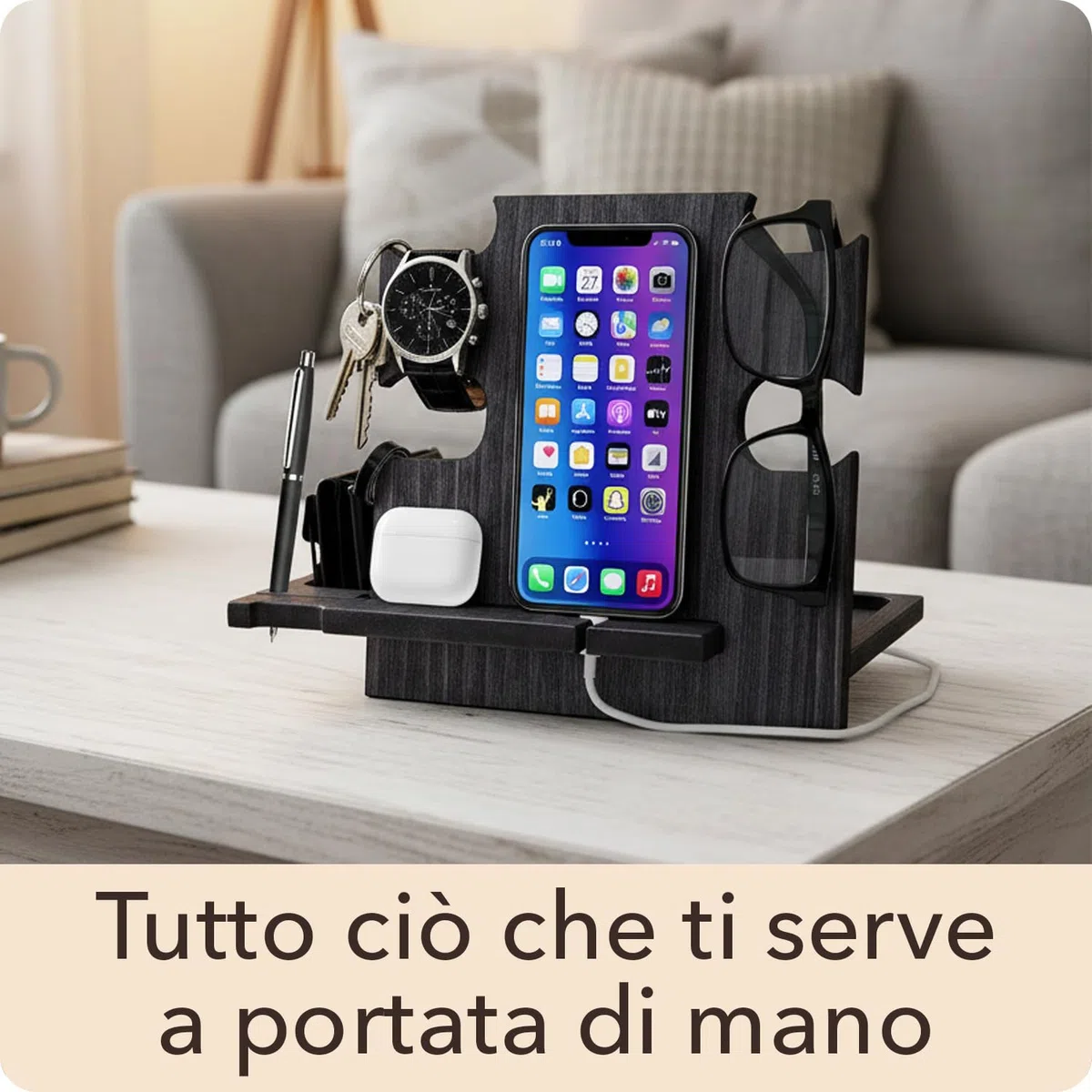 Greta Oto Svuota Tasche da Ingresso Organizer Scrivania Idee Regalo Papà Uomo Anniversario Compleanno Porta Orologi e Cellulare Tavolo e Comodino Artigianale in Legno Made in Europe (Nero)
