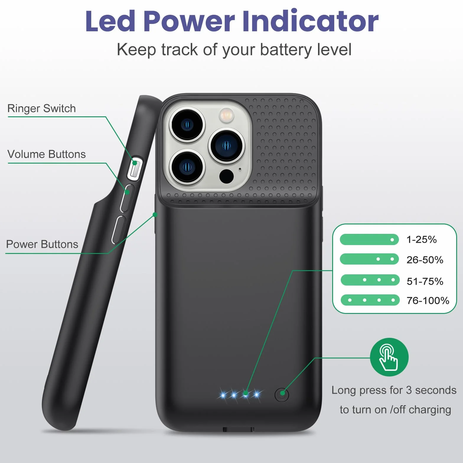 Custodia per batteria per iPhone 14/13/13 Pro (15,49 cm), custodia di ricarica portatile protettiva estesa con batteria da 7500 mAh ultra sottile aggiornata per iPhone 14/13/13 Pro - Nero