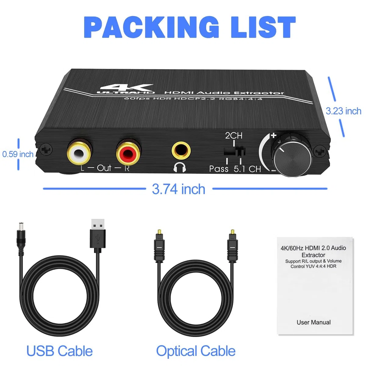HDMI 2.0 Audio Extractor Splitter 4K HDMI a SPDIF ottico Toslink 3.5mm AUX Stereo RCA L/R convertitore audio con controllo volume, supporta 4K @60Hz HDCP 2.2 HDR 3D YUV 4:4:4