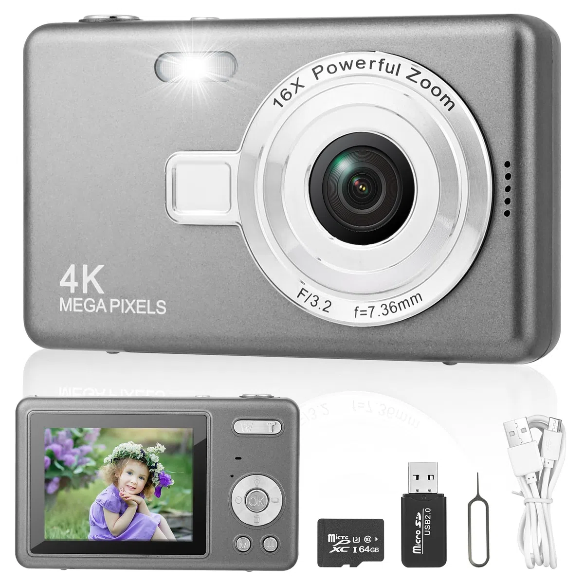 Macchina Fotografica Digitale con Scheda 64GB, 1080P 40MP Fotocamera Digitale Compatta con Zoom Digitale 8X Flash, Fotocamere Digitali Per Bambini Adolescenti Adulto Principianti (Grigio scuro)