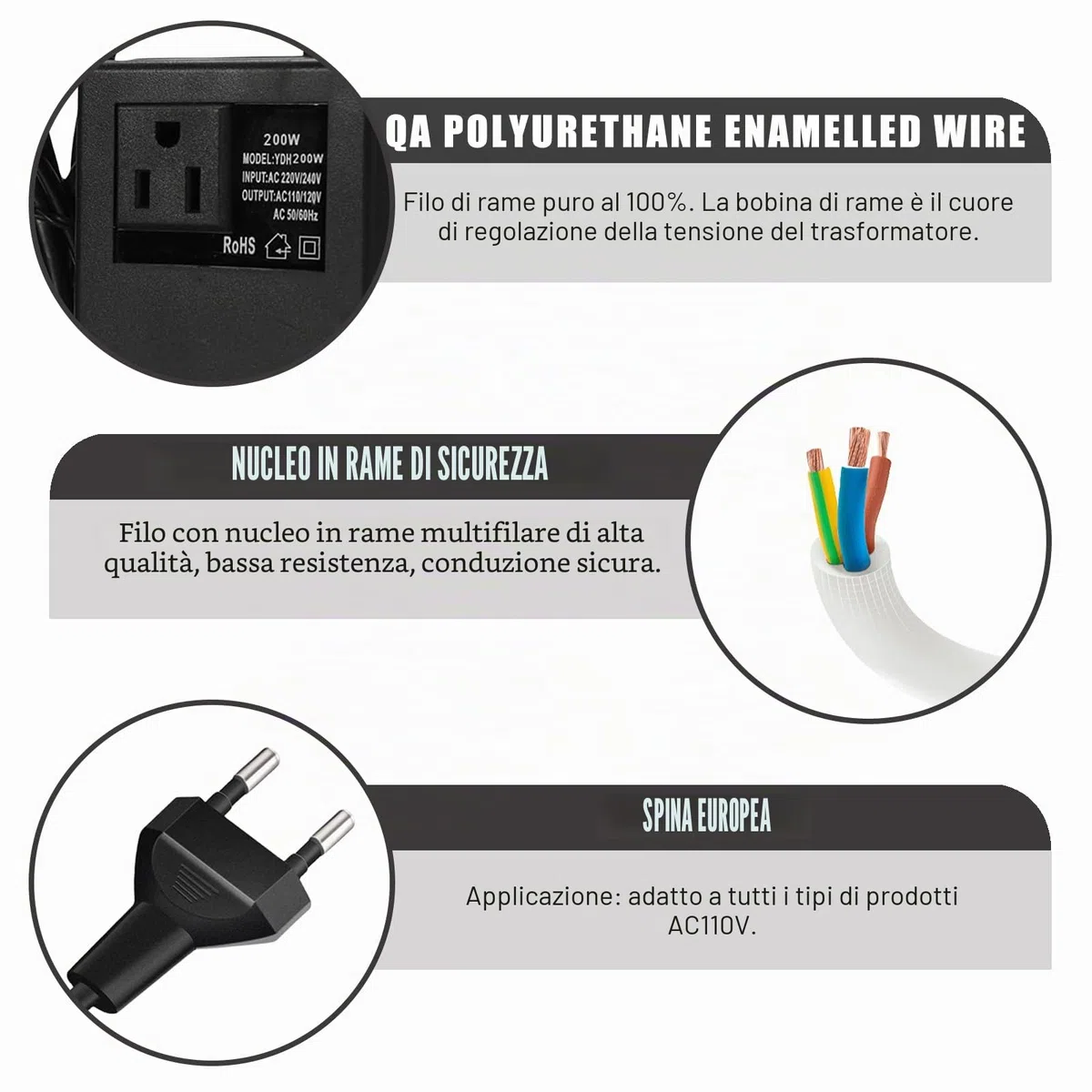 Trasformatore di tensione da 220 V a 110 V, 200 W, adattatore di alimentazione passo verso il basso, adattatore di corrente da viaggio, convertitore di tensione, spina EU