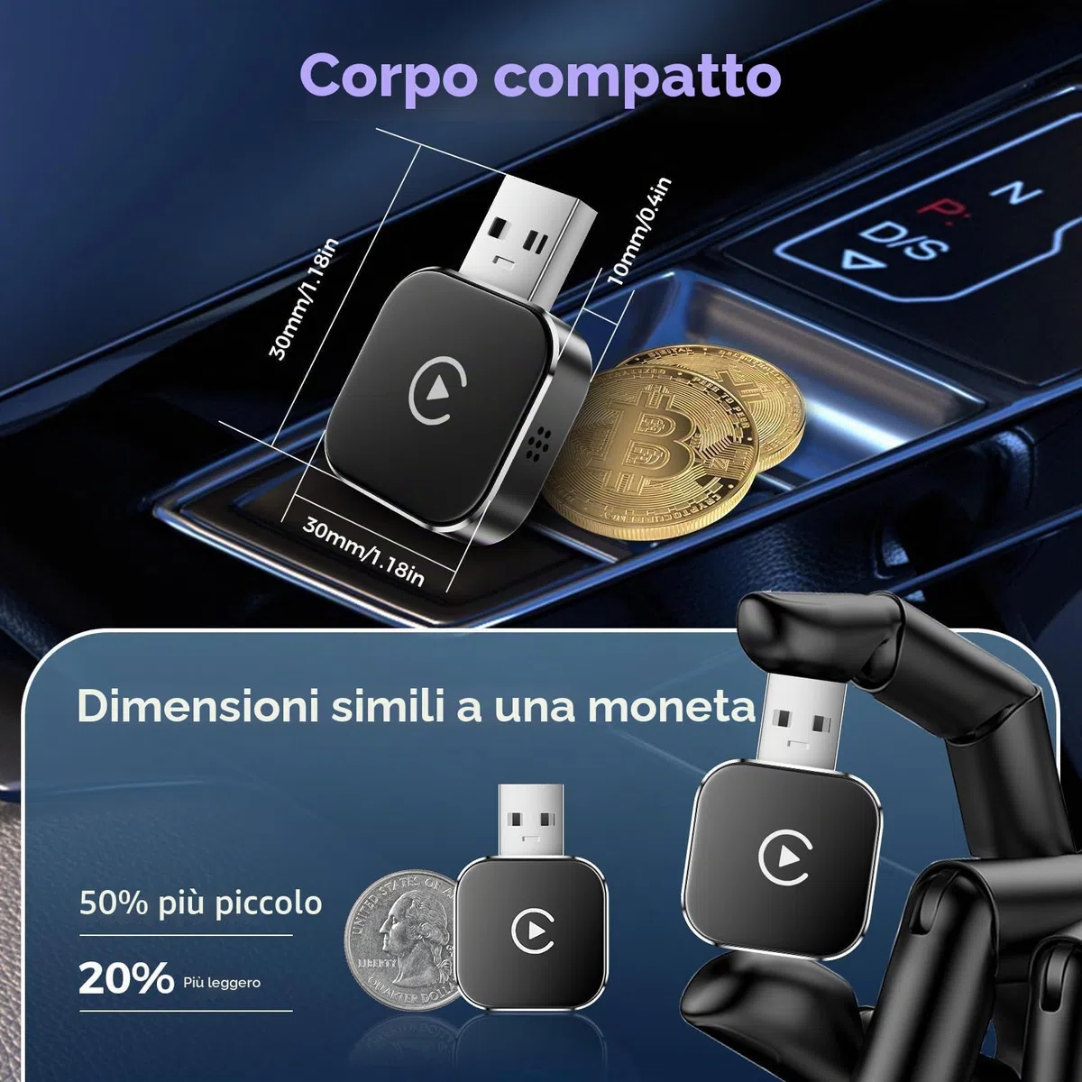 2026 Adattatore Wireless Carplay & Android Auto 2 in 1, Adattatore Android Auto WiFi 2,4+5,0 GHz, Plug and Play, Connessione Bluetooth 5.0 Stabile, USB C/A, Compatibile Con Telefoni IOS 10+ E Android