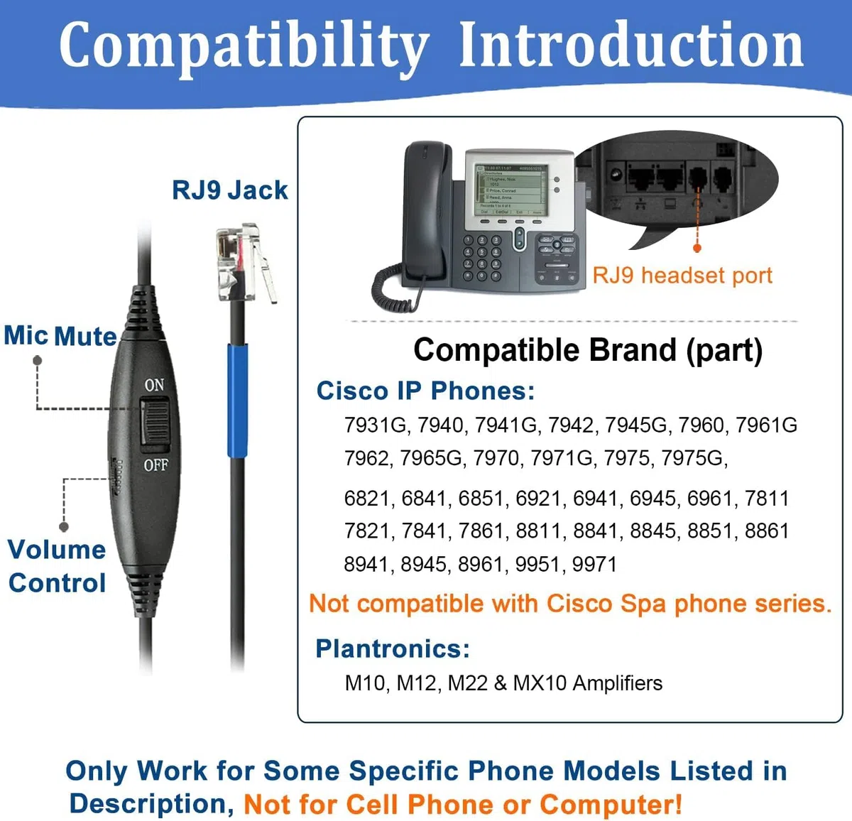 Cuffie Telefono Fisso RJ9 con Microfono a Cancellazione del Rumore, Auricolare Mono per Cisco 7821 7975G 7861 7941G 8845 8851 6851 Call Center Ufficio Telefoni IP, Plantronics M12 M22 Amplificatore