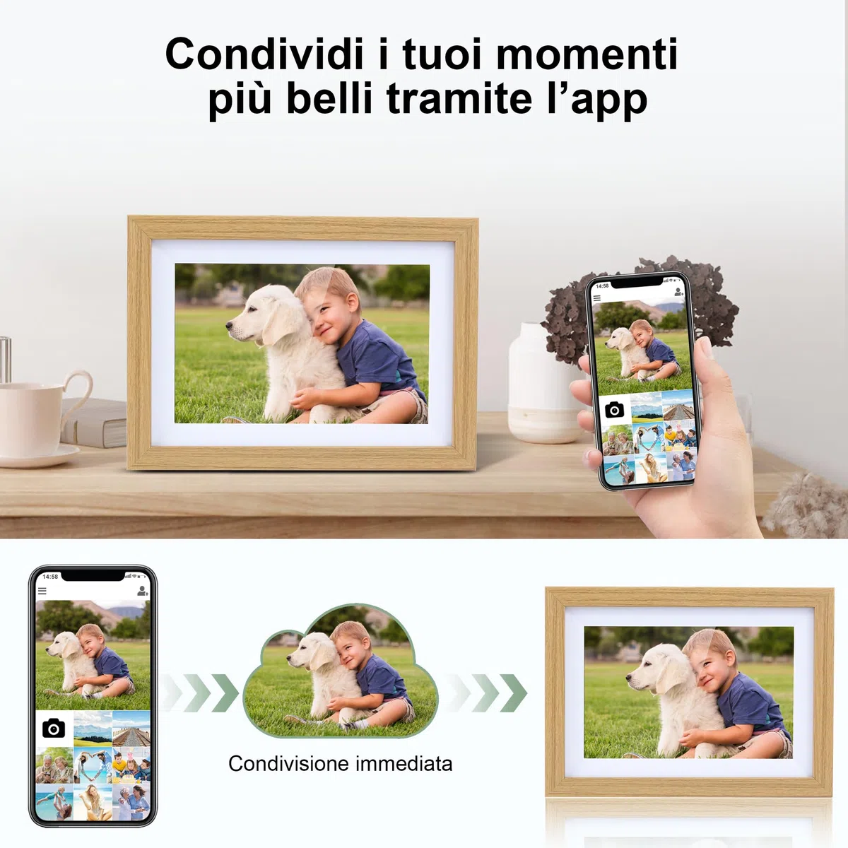 Veidoo Frameo 10 1 Pollici 32GB WiFi Cornice Foto Digitale 1280x800 IPS Touchscreen Rotazione Auto Condividi Foto Video tramite App Sincronizza Calendario Famiglia