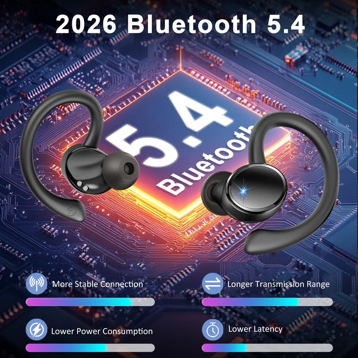 Cuffie Bluetooth 5.4 Sport, 2026 Auricolari Bluetooth con 6D Bass Stereo, IP7 Impermeabile Cuffie Senza Fili, 50 Ore Cuffie In Ear Cancellazione Rumore ENC e 4 HD Mics, HiFi Cuffiette LED Display