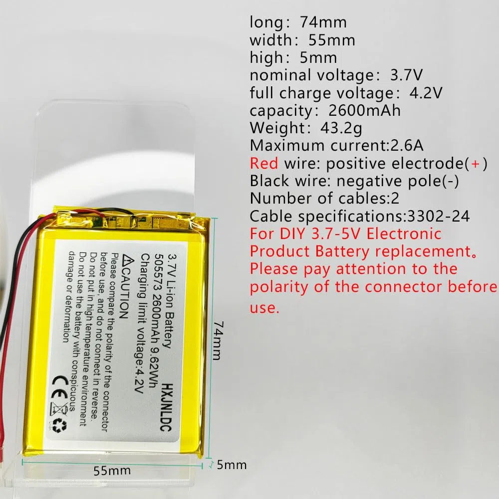 DC 3.7V 2600mah 505573 li-ion Lithium Ion Polymer Battery Replacement per DIY 3.7-5v prodotti della batteria,Luce LED, GPS，tablet PC