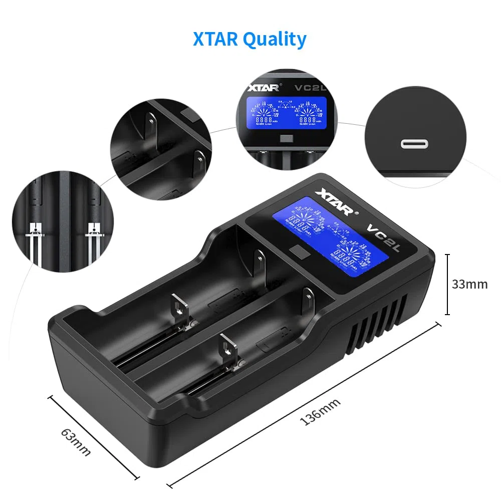 XTAR - VC2L - Caricabatterie USB C migliorato 18650 Caricabatterie rapido per batterie 2 A 26650 Display LCD per batterie AA AAA C D (VC2L)