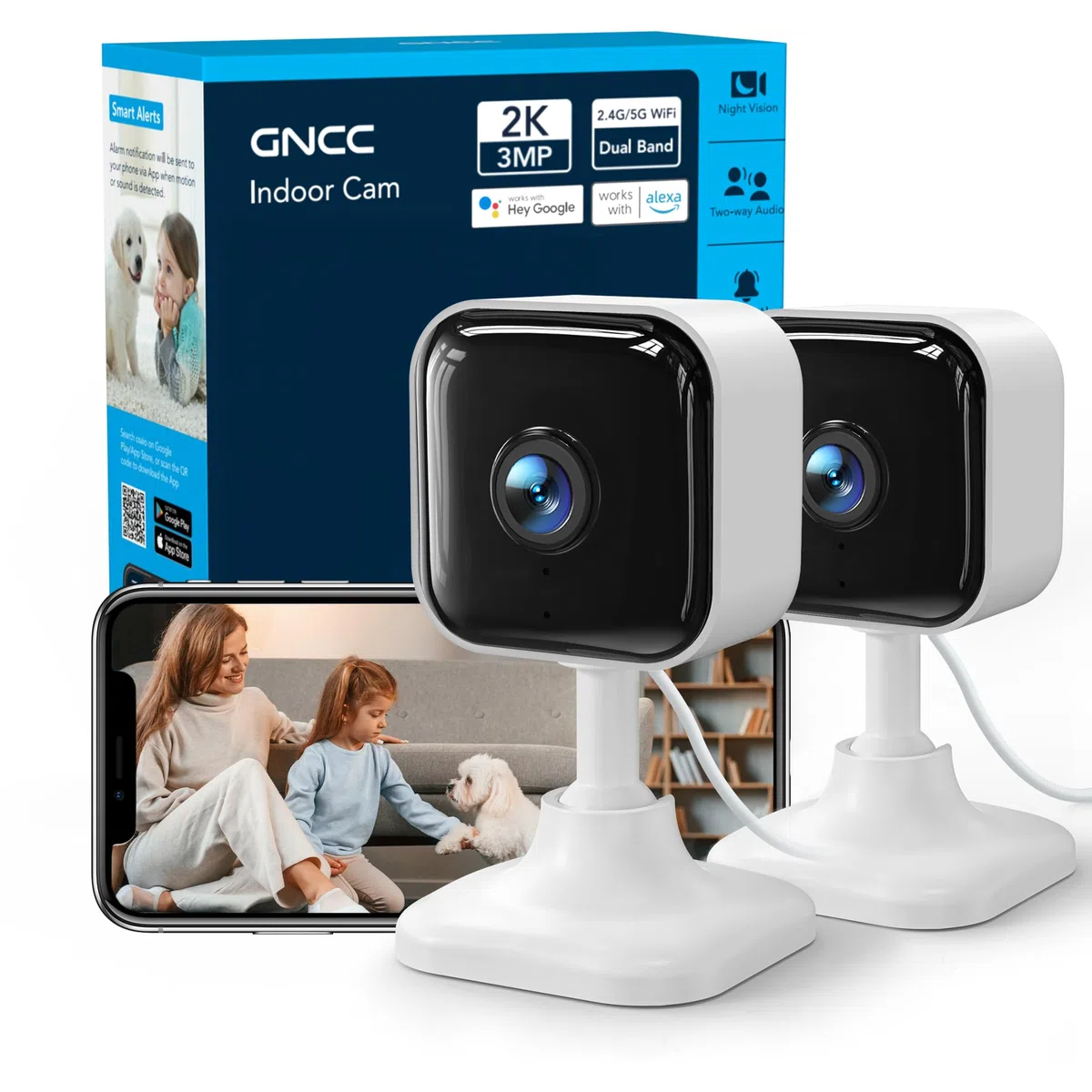 GNCC 2K 3MP Telecamera WIFI Interno Supporta 2.4G/5G WiFi, Videocamera Sorveglianza Interno Wifi, Mini Camera, Visione Notturna a Infrarossi, Rilevamento del Movimento e Citofono Bidirezionale, Kit 2