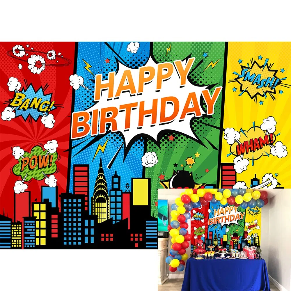 Sfondo a tema supereroe Città Paesaggio Architettura Stile fumetto Ragazzo Festa di compleanno Sfondo Baby Shower Torta Decorazione da tavola Banner Photo Booth Puntelli (2,1x1,5 m)