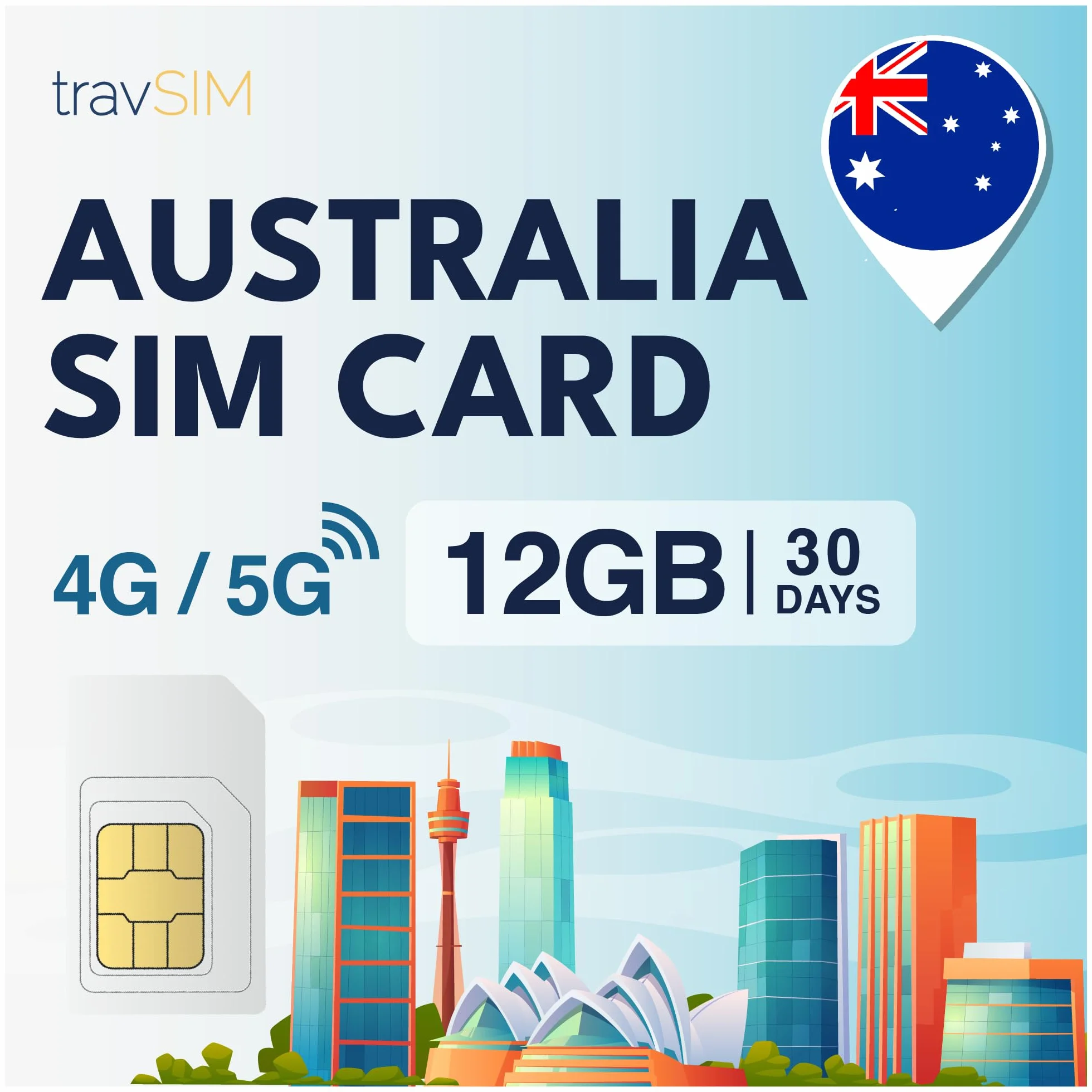travSIM Australia SIM Card | 12GB di dati mobili a velocità 4G/5G | Roaming gratuito in Nuova Zelanda | Il piano sulla SIM Card per l'Australia è valido per 30 giorni