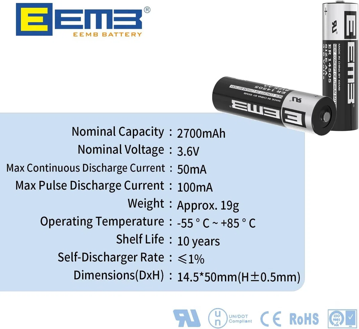 10x EEMB ER14505 Batteria AA, 3,6 V al litio cloruro di tionile (Li-SOCL₂) Pile monouso LS14500 2700 mAh Batteria