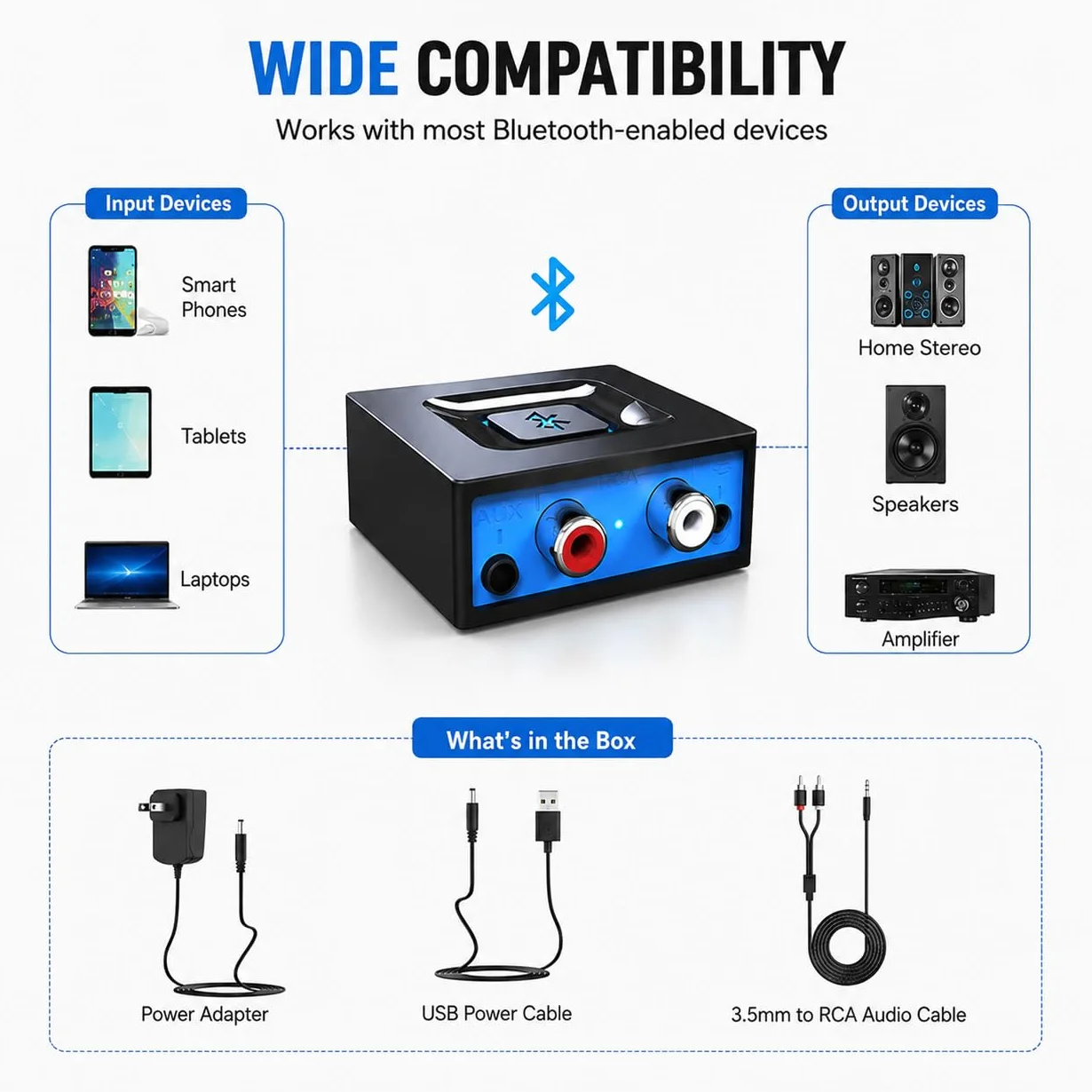 esinkin Ricevitore Audio Bluetooth Wireless, Adattatore Bluetooth può funzionare con PC/Mac/Smartphone/Tablet/Ricevitore AV, Uscite Audio 3.5 mm e RCA alle Casse Altoparlanti, ‎Pulsante One-Push