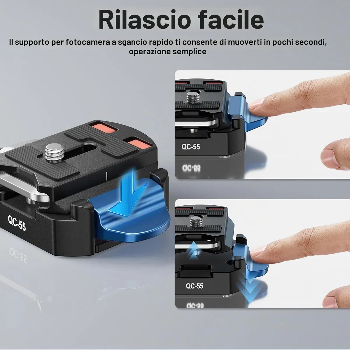 SIRUI Piastra Sgancio Rapido con Base di Serraggio, Quick Release Plate Clamp con Adattatore Vite da 3/8"-16 a 1/4"-20, Piastra di Rilascio Rapido per Fotocamera DSLR Treppiede Monopiede, QC-55