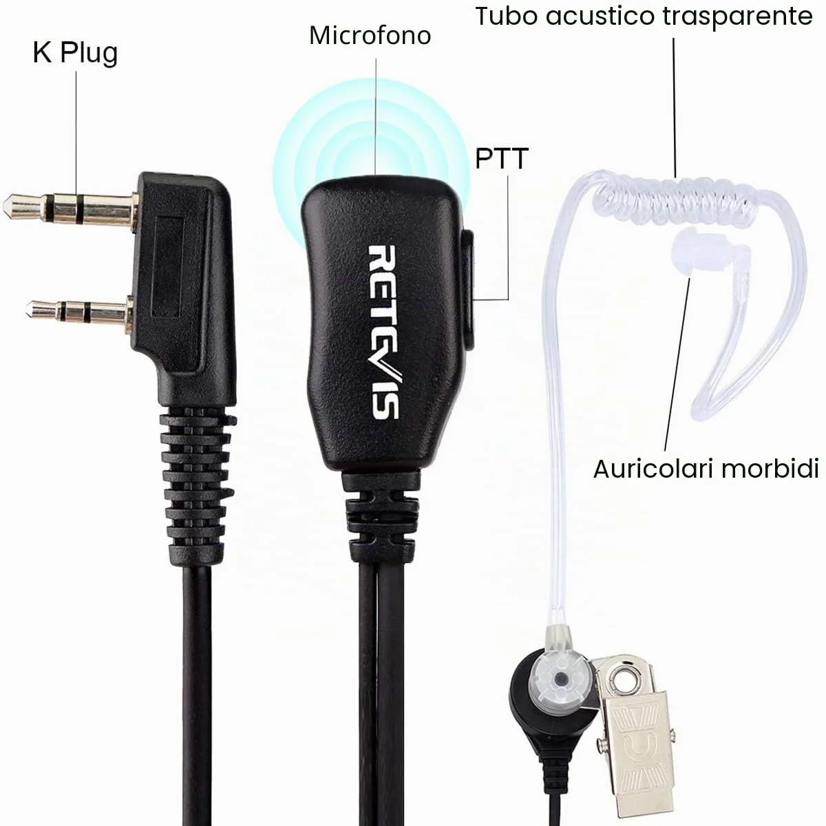 Retevis Auricolare Walkie Talkie 2 Pin Walkie Talkie Cuffie Compatibile RT24 RT618 RT27 RT622 ESYNiC Nestling Baofeng BF-888S Kenwood Auricolare Radio Bidirezionale (5 Pezzi)