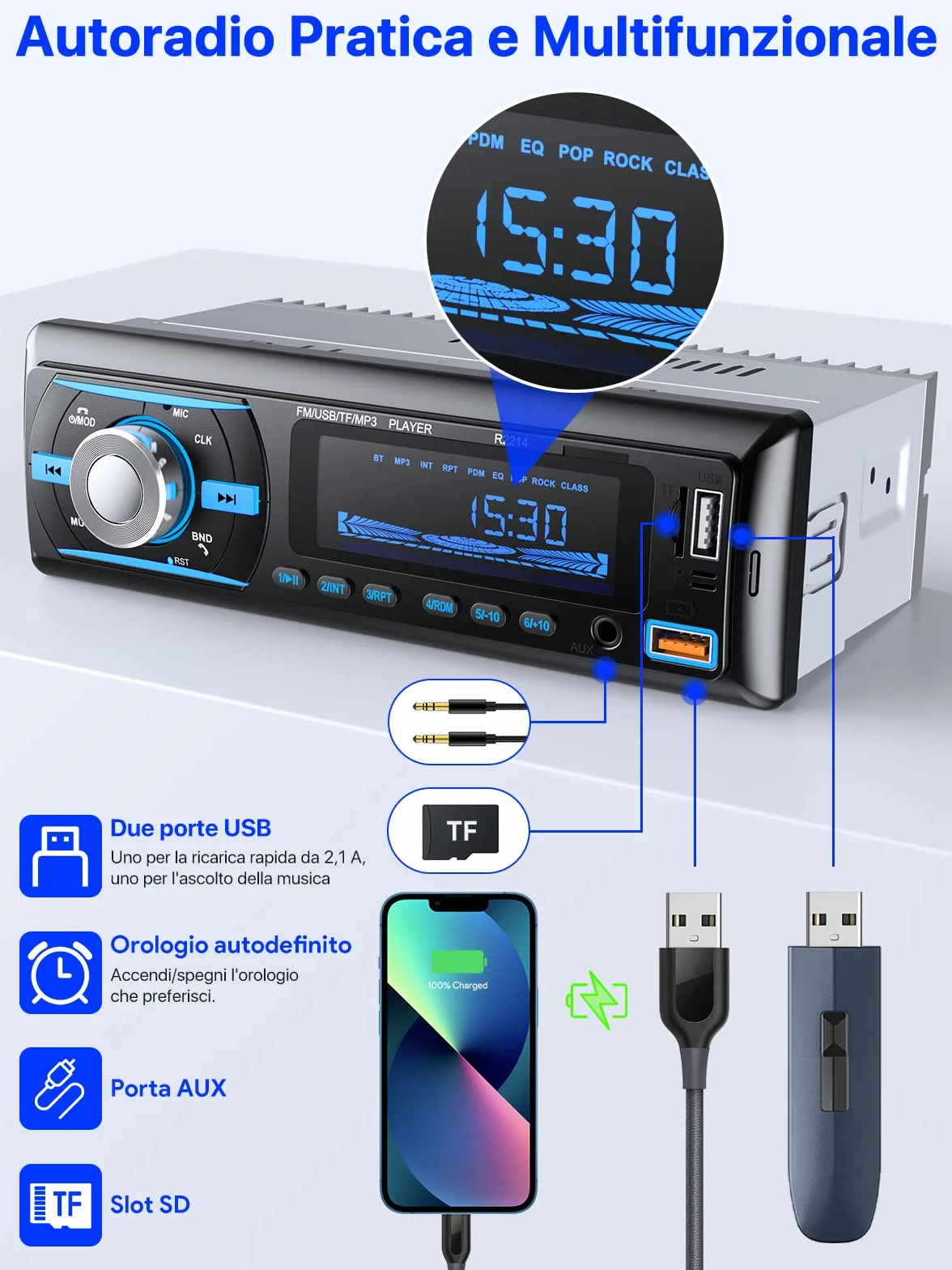 RDS Autoradio Bluetooth 5.0 Vivavoce, Chismos FM/AM Bluetooth Autoradio con telecomando, Supporto due USB/AUX in/SD/TF/WMA/WAV/MP3 Player, 1 DIN Stereo Radio 4x65W Supporto iOS Android