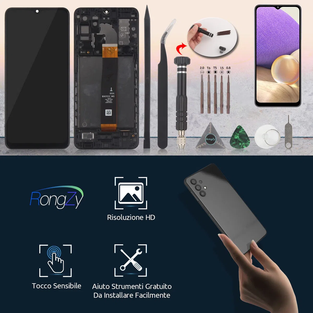 RongZy LCD Schermo per Samsung Galaxy A32 5G A326 SM-A326B Display Digitizer Assembly Vetro di Ricambio Touch Screen con Strumenti (Nero con Cornice)