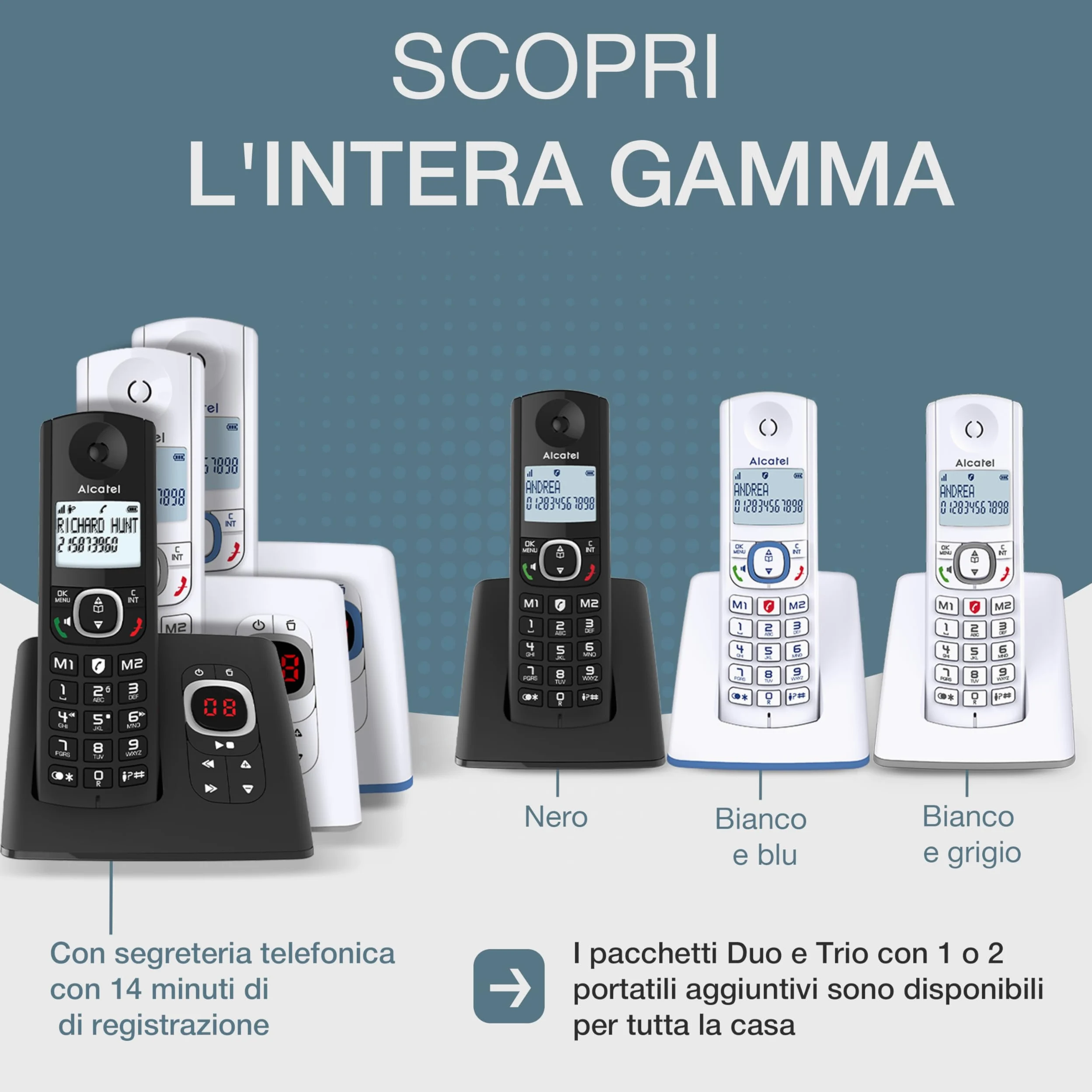 ALCATEL F530 Voice Trio - Telefono fisso cordless DECT con segreteria - Grande display - Vivavoce - Funzione blocco chiamate - 2 tasti di memoria diretta - 3 portatili - Bianco/Grigio