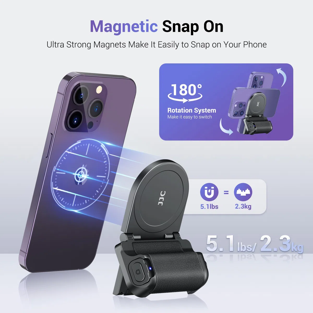 JJC Magnetico Impugnatura magnetica per cellulare con telecomando Bluetooth per iPhone 17 16 15 14 13 e smartphone Android, supporto per telefono e treppiede, colore: Nero