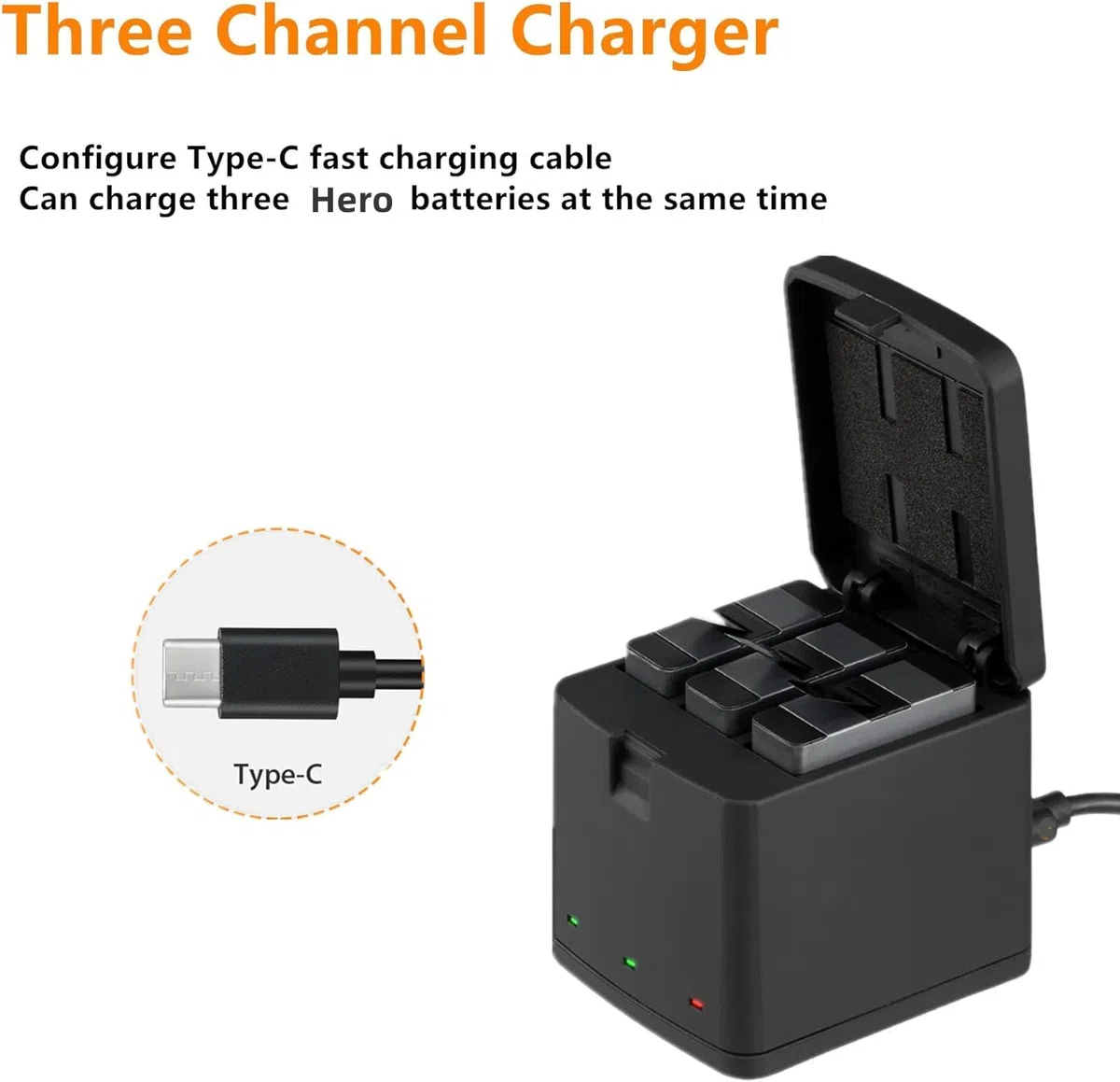 Vemico Hero 7/6/5 Batteria Caricabatterie Kit 3 Pack 1500mAh Batterie Ricambio Tipo-C LED 3-Canali Caricabatterie per Hero 7 Black/Hero 6/Hero 5 Black/Hero 2018 (Compatibile con L'originale)