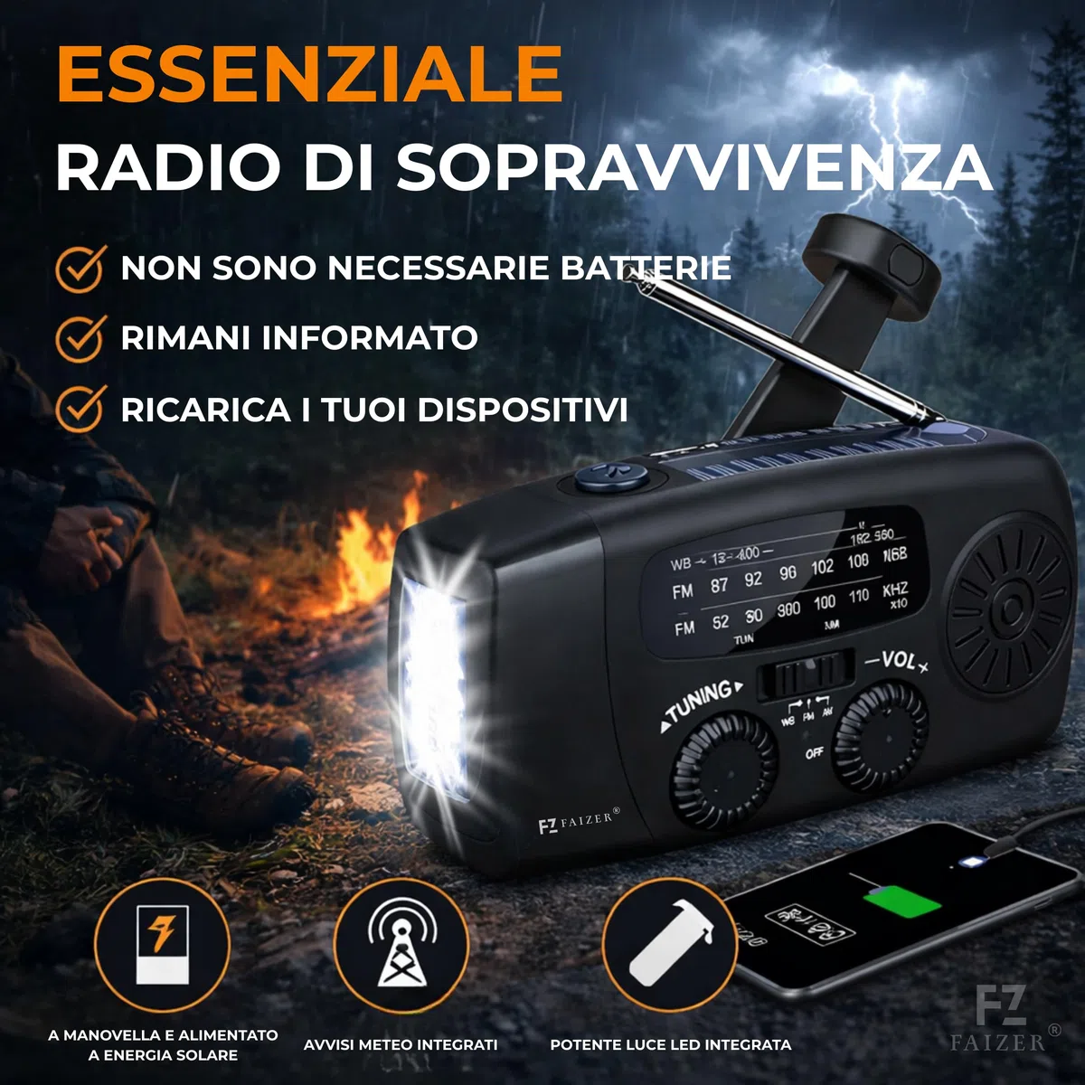 Radio portatile, Stazione meteo, Radiolina portatile, Radio FM/AM/WB, Power bank solare, Radio a Manovella Power Bank 2000 mAh per Ricarica Telefono di Emergenza, Kit di Sopravvivenza (Noir)