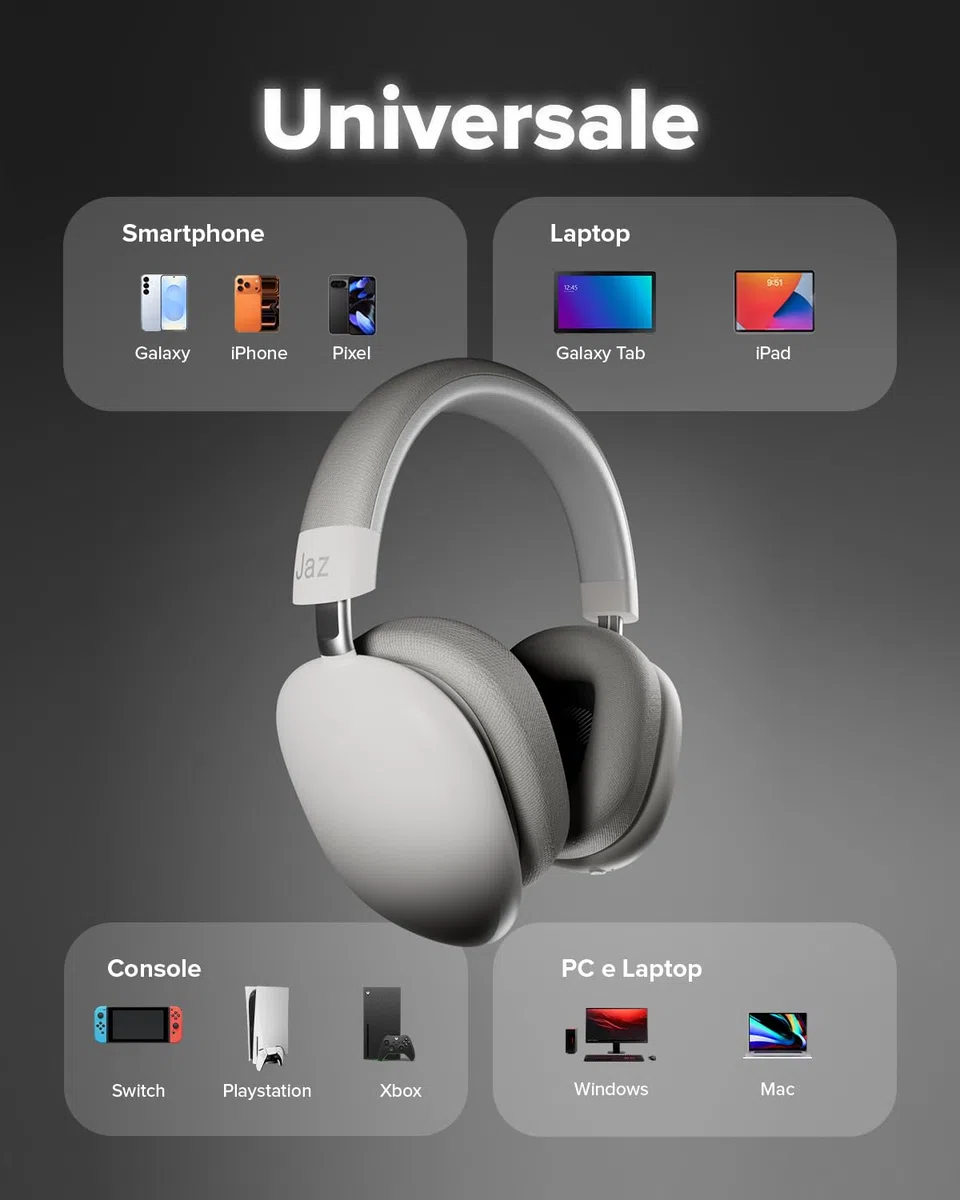 JAZ Pure Wave Cuffie Wireless Gaming On Ear, Jack 3.5mm Incluso | Bassa Latenza, Microfono e Controlli Integrati, Cavo Di Ricarica incluso, per Smartphone, Tablet, Laptop, 50h di Riproduzione