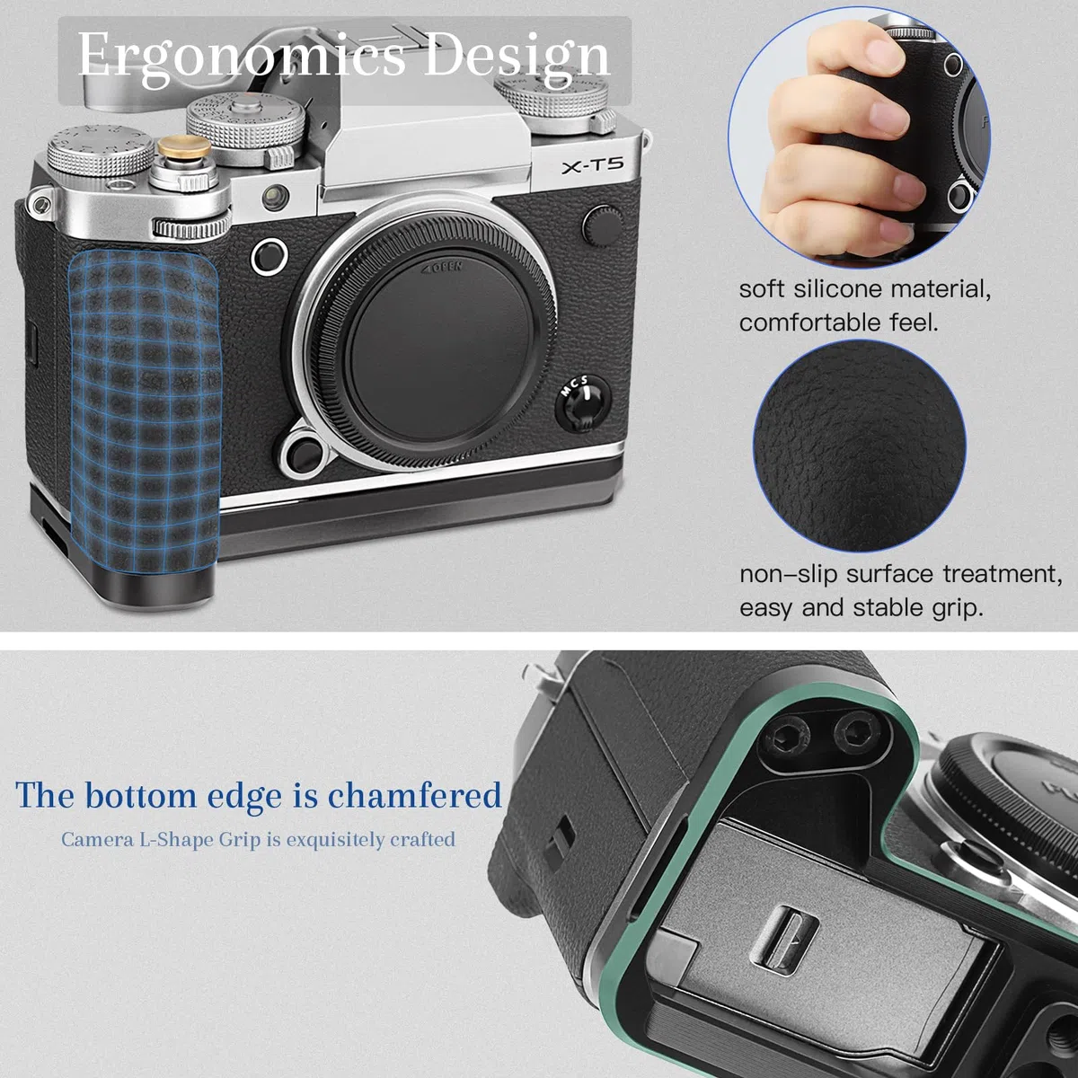 Maniglia Haoge X-T5 per Fuji XT5 con impugnatura laterale ergonomica in silicone, piastra Arca Swiss per DJI RS2/RS-C2/RS3/RS3-PRO/Mini Stabilizzatore Gimbal, Nero MHG-XT5B