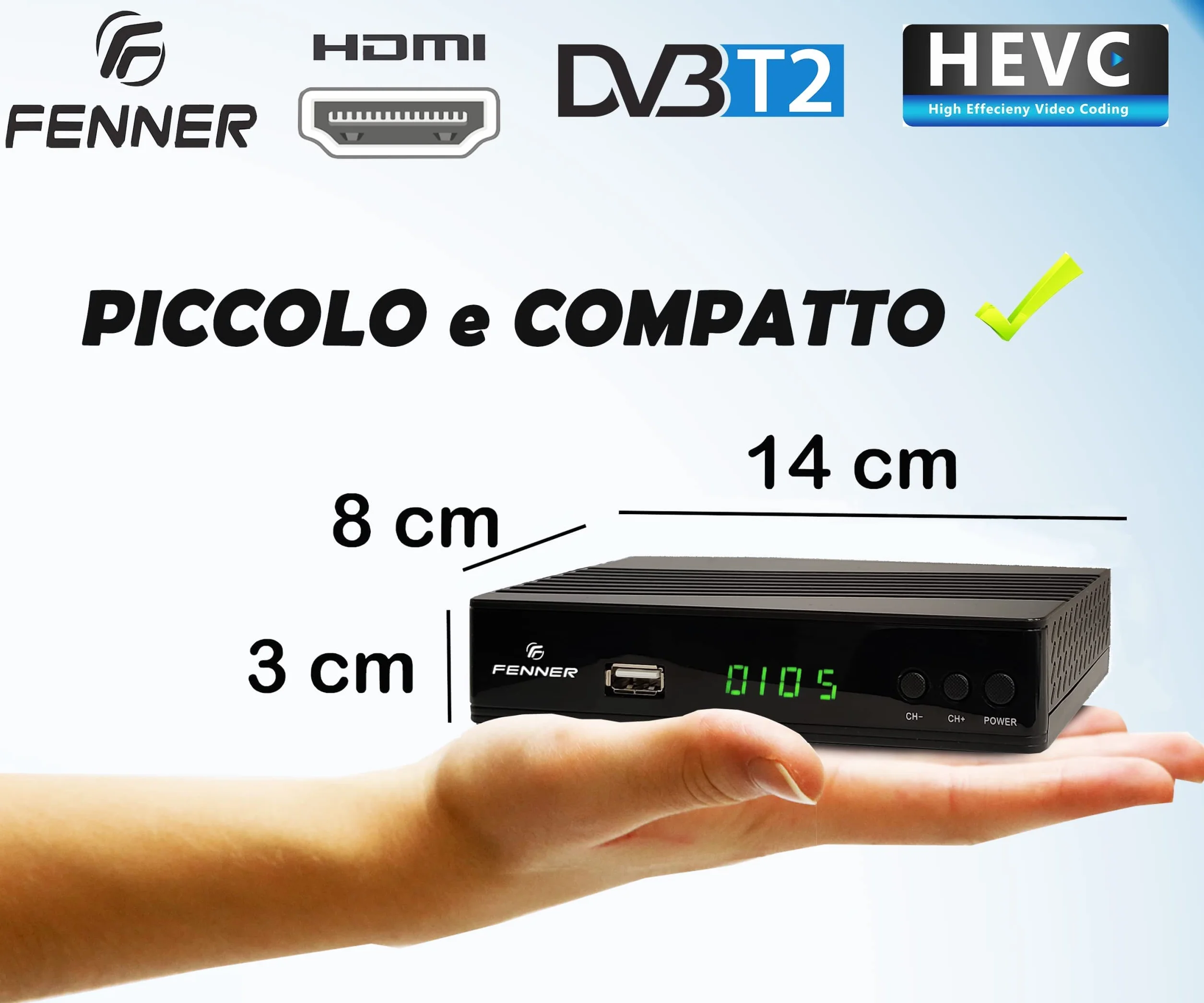 Decoder DVB-T2 HD 1080p SINTONIZZAZIONE AUTOMATICA HDMI HEVC Main 10 Bit H265 DOLBY-DIGITAL+ (aggiornamento disponibile "Manuale di installazione (PDF)" IL DECODER NON REGISTRA