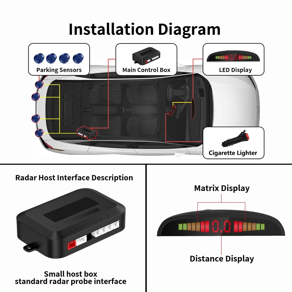 Kit di assistenza al parcheggio senza fili, sistema radar di retromarcia con 4 sensori PDC, display a distanza LED senza fili con avviso sonoro + 4 colori blu Aiuto al parcheggio posteriore