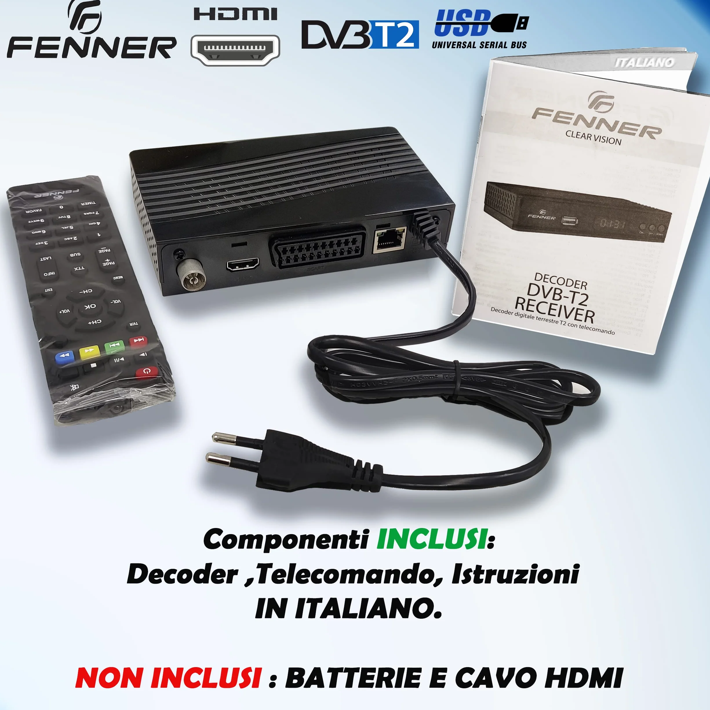 Decoder DVB-T2 HD 1080p SINTONIZZAZIONE AUTOMATICA HDMI HEVC Main 10 Bit H265 DOLBY-DIGITAL+ (aggiornamento disponibile "Manuale di installazione (PDF)" IL DECODER NON REGISTRA
