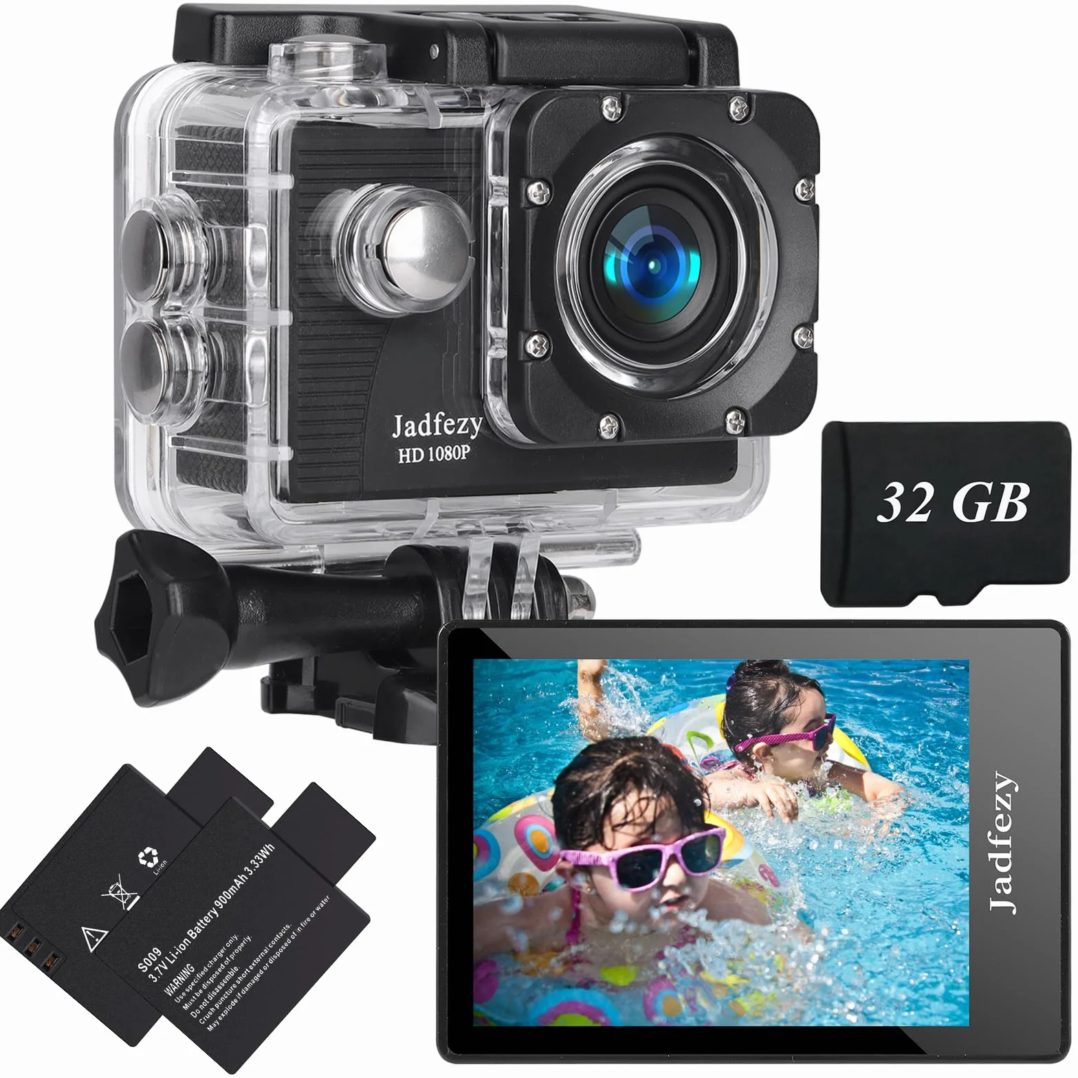Action Cam 1080P con scheda da 32 GB, Macchina Fotografica Subacquea impermeabile 30M, Fotocamera Subacquea con Due 900mAh Batterie Ricaricabili e Kit Accessori