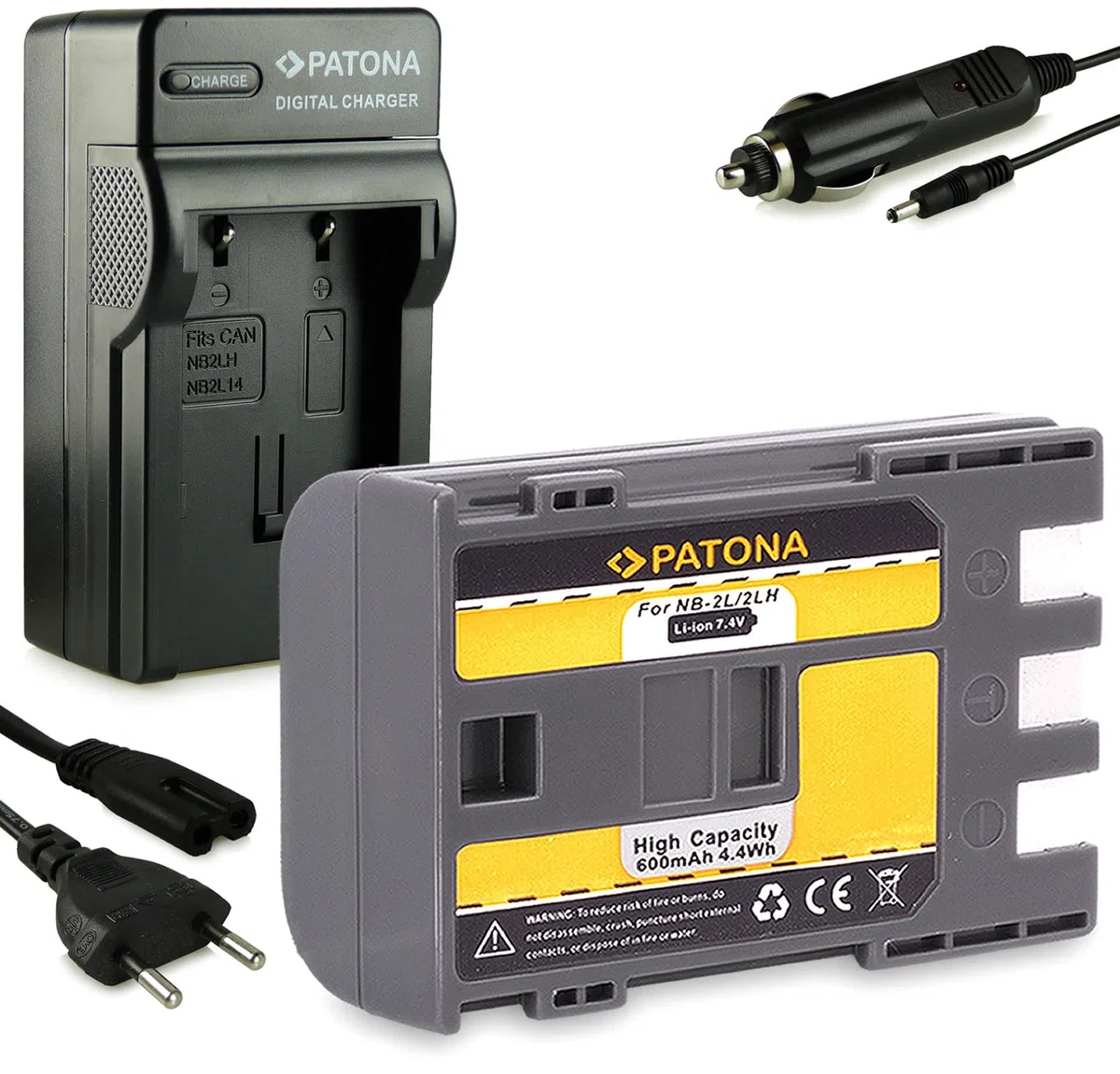 PATONA 3in1 Set Caricabatteria + Batteria NB-2LH 600mAh – per Canon NB-2L, NB-2LH, BP-2L5, BP-2L12, BP-2L14 – per EOS 350D, 400D, PowerShot S30-S80, G7, G9, MV960 – set completo per partire subito