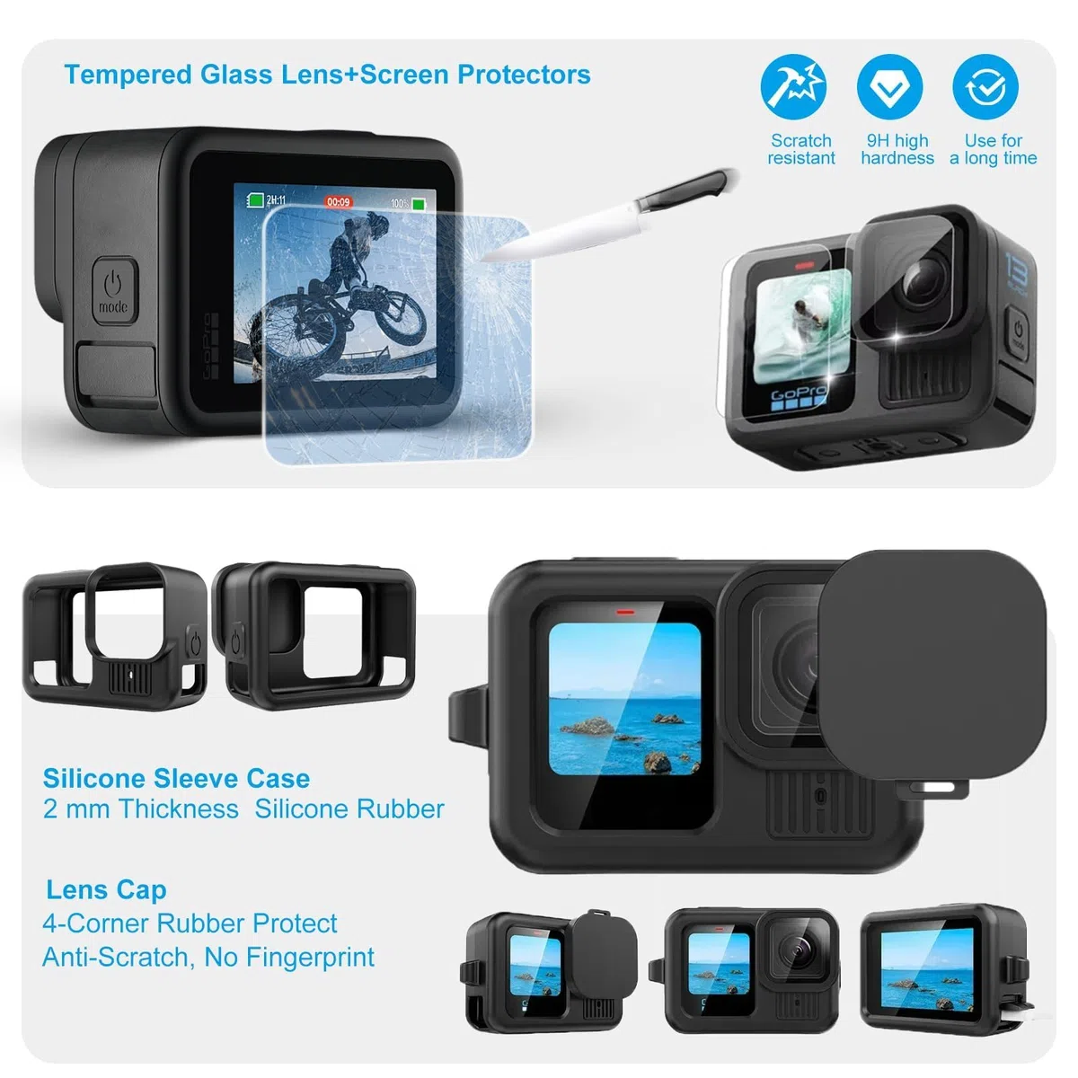 Kit di accessori per Gopro Hero 13, custodia impermeabile, impugnatura galleggiante, 2 set pellicola protettiva, guaina in silicone, filtri rossi, inserti anti-appannamento