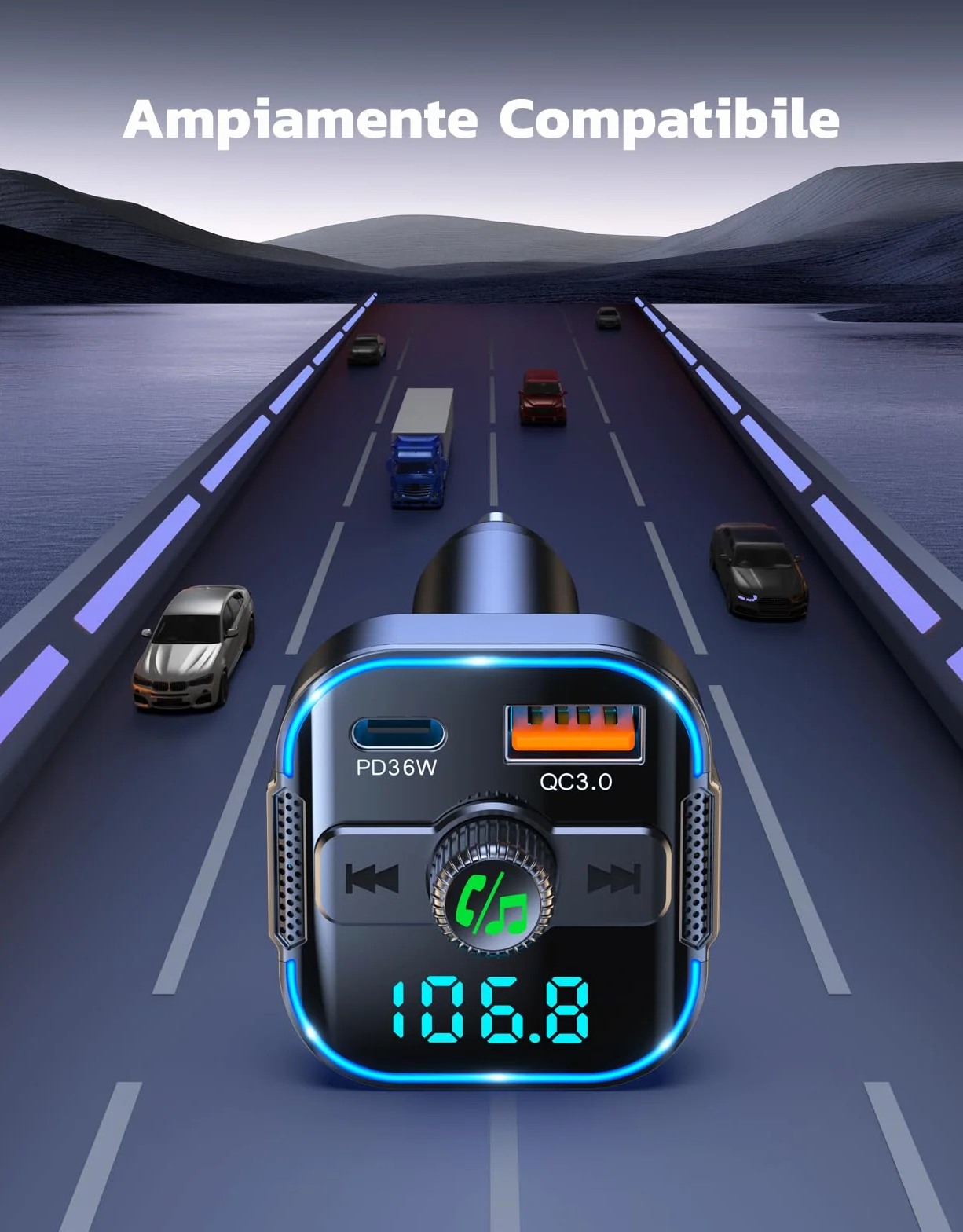 Glangeh Trasmettitore FM Bluetooth 5.3 per Auto Ricarica Rapida PD 36W QC3.0 18W Adattatore Bluetooth Auto Audio Radio con Doppi Microfoni Car Kit Chiamata Vivavoce