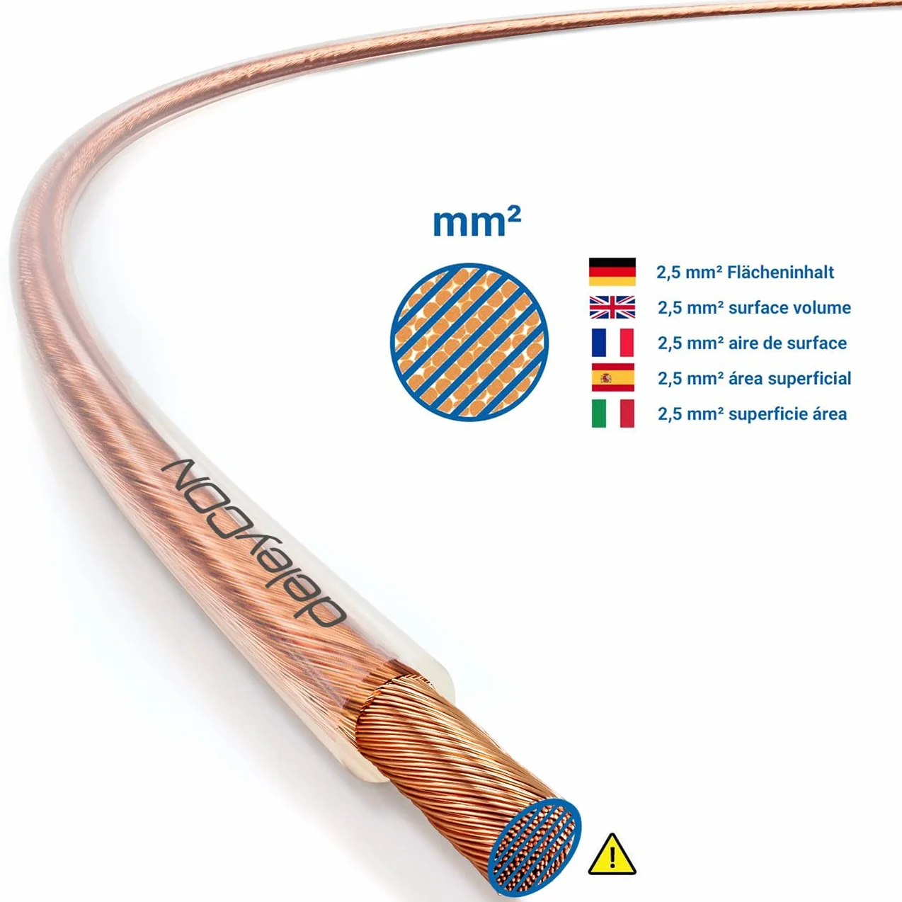deleyCON 10m Cavo Altoparlante 2x 2,5 mm² - Puro Rame - OFC Speaker Cable Cavo - Audio Box Cavo per Altoparlanti HiFi & Surround - Marcatura Della Polarità - Trasparente