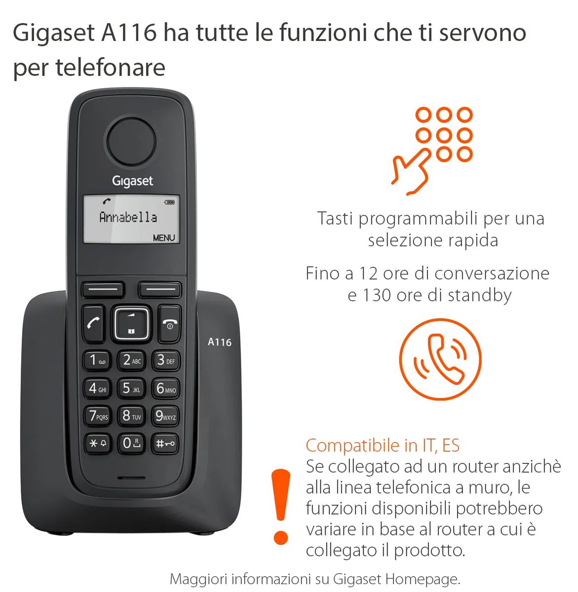 Gigaset A116 - Telefono Cordless - Durata delle batterie 12 ore di conversazione e 130 ore di standby - Fino a 50 voci, Nero [Compatibile in IT, ES]